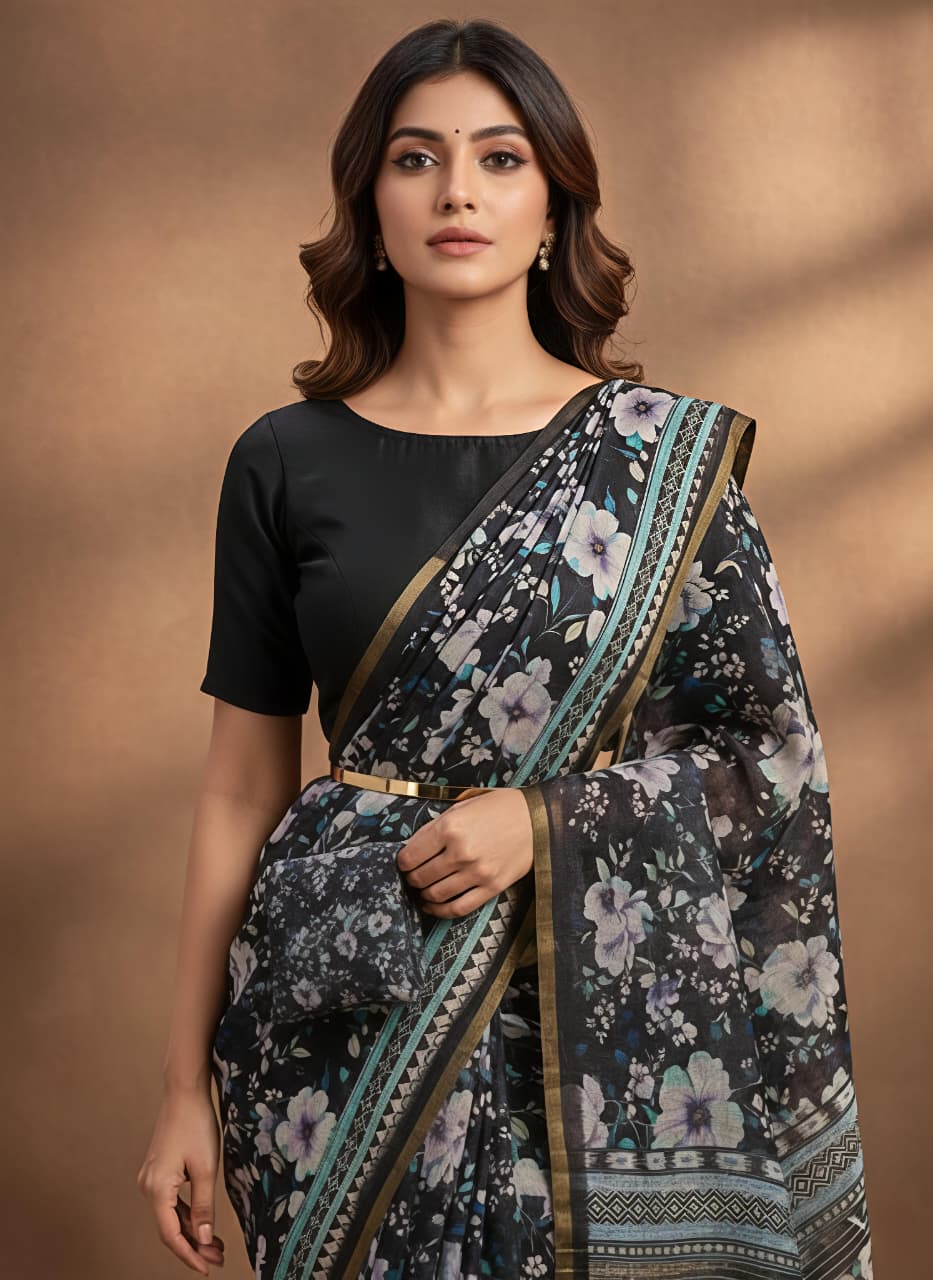 Heavy Linen Blooming Floral Digital Print Saree with Gold Border & Motif Tassels