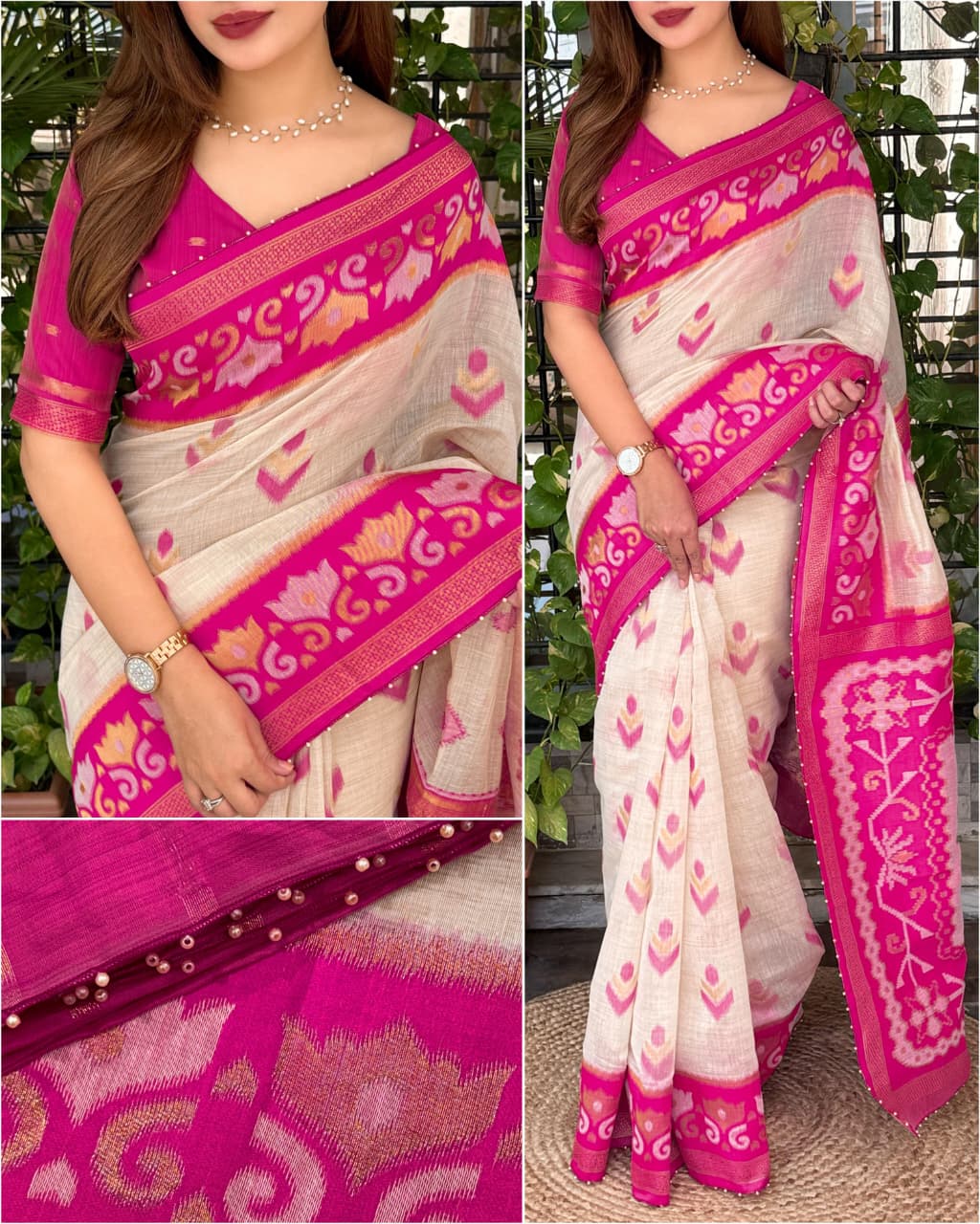 Designer Linen Cotton Saree with Motif Weaving, Zari Border & Pearl Work