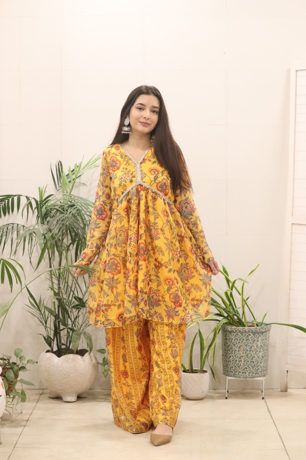 Women’s Mustard Yellow Organza Silk Kurti Palazzo Set