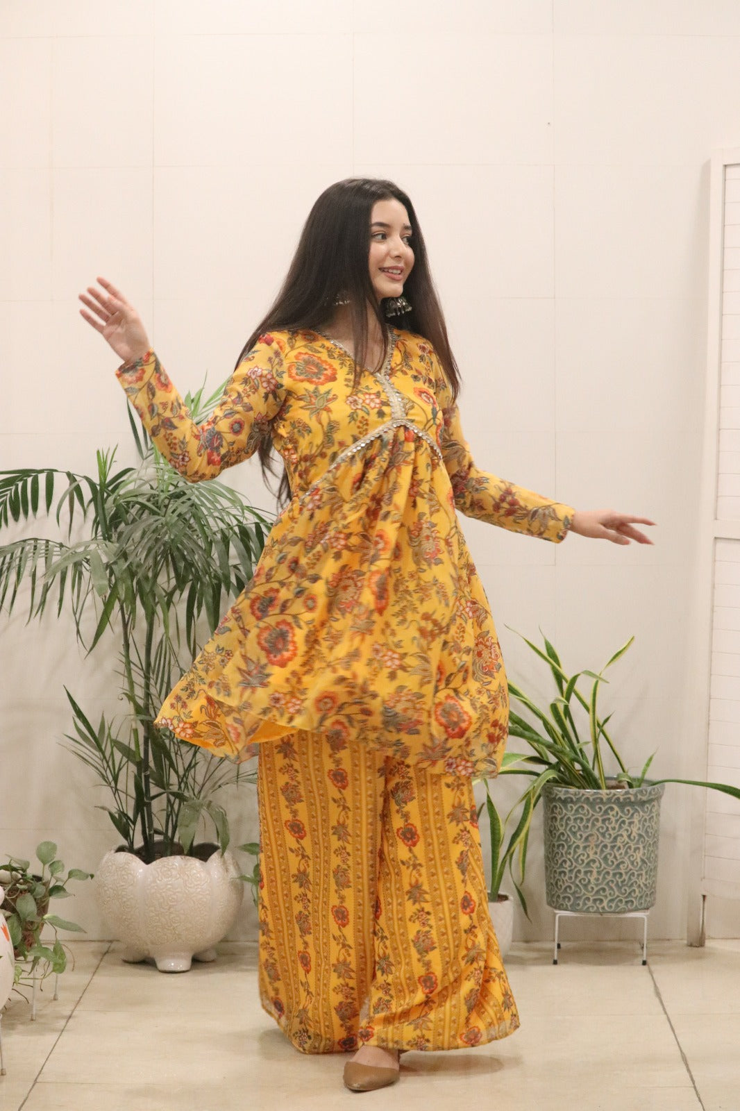 Women’s Mustard Yellow Organza Silk Kurti Palazzo Set