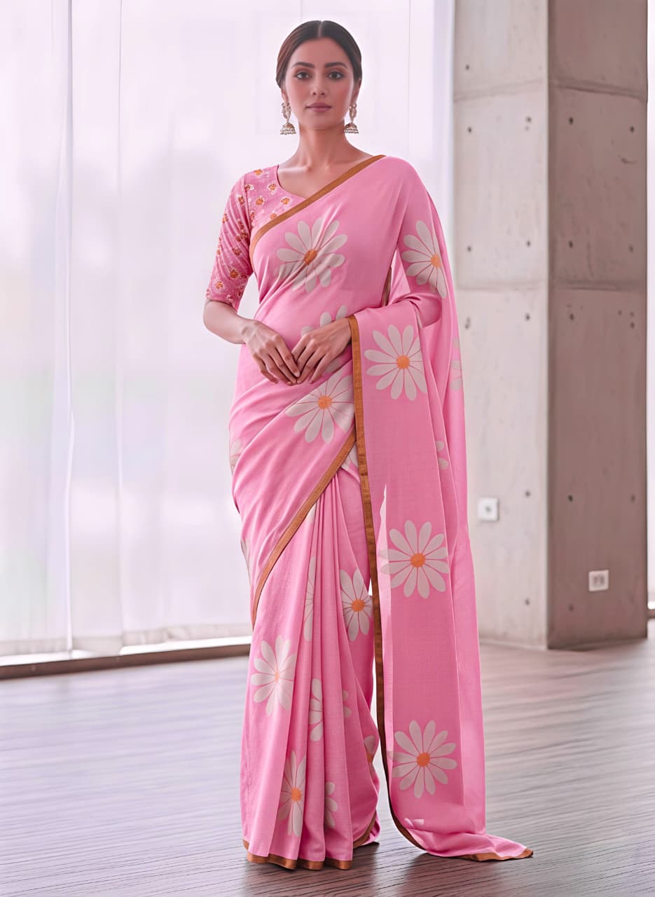 Heavy Linen Blooming Floral Digital Print Saree with Gold Border & Tassels