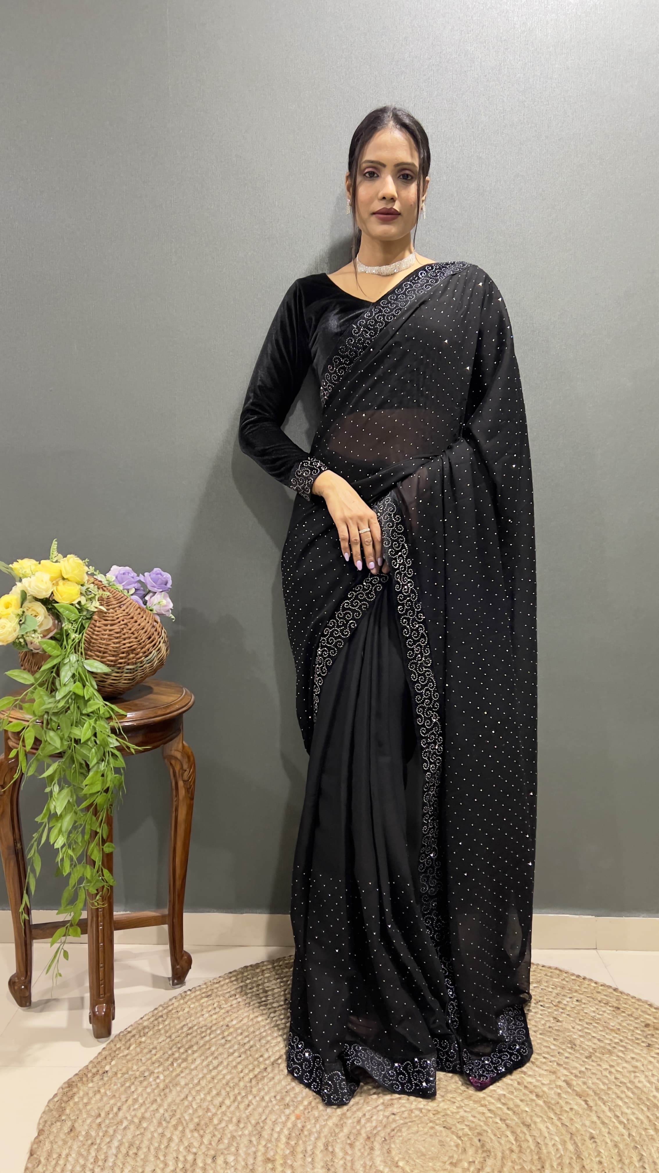 Trending Ready-To-Wear Rangoli Silk Saree with Swarovski & Velvet Lace Work