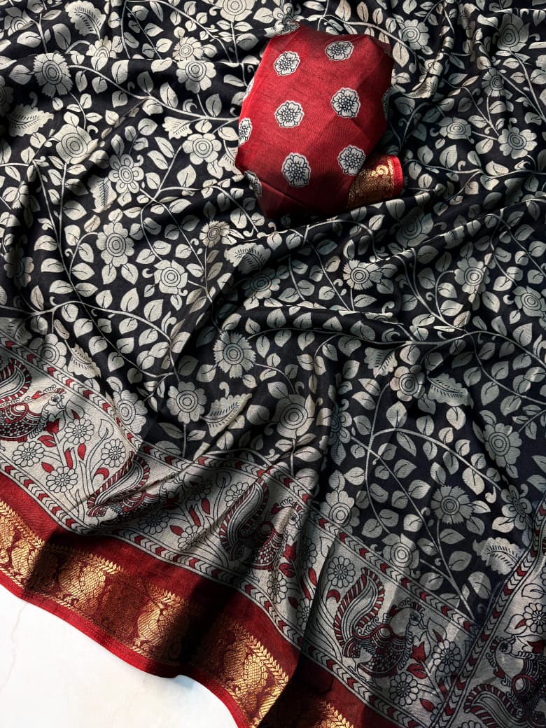 Soft Black Dola Silk Kalamkari Saree