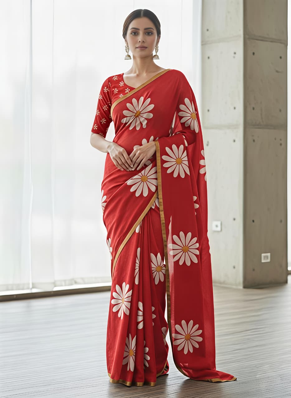 Heavy Linen Blooming Floral Digital Print Saree with Gold Border & Tassels