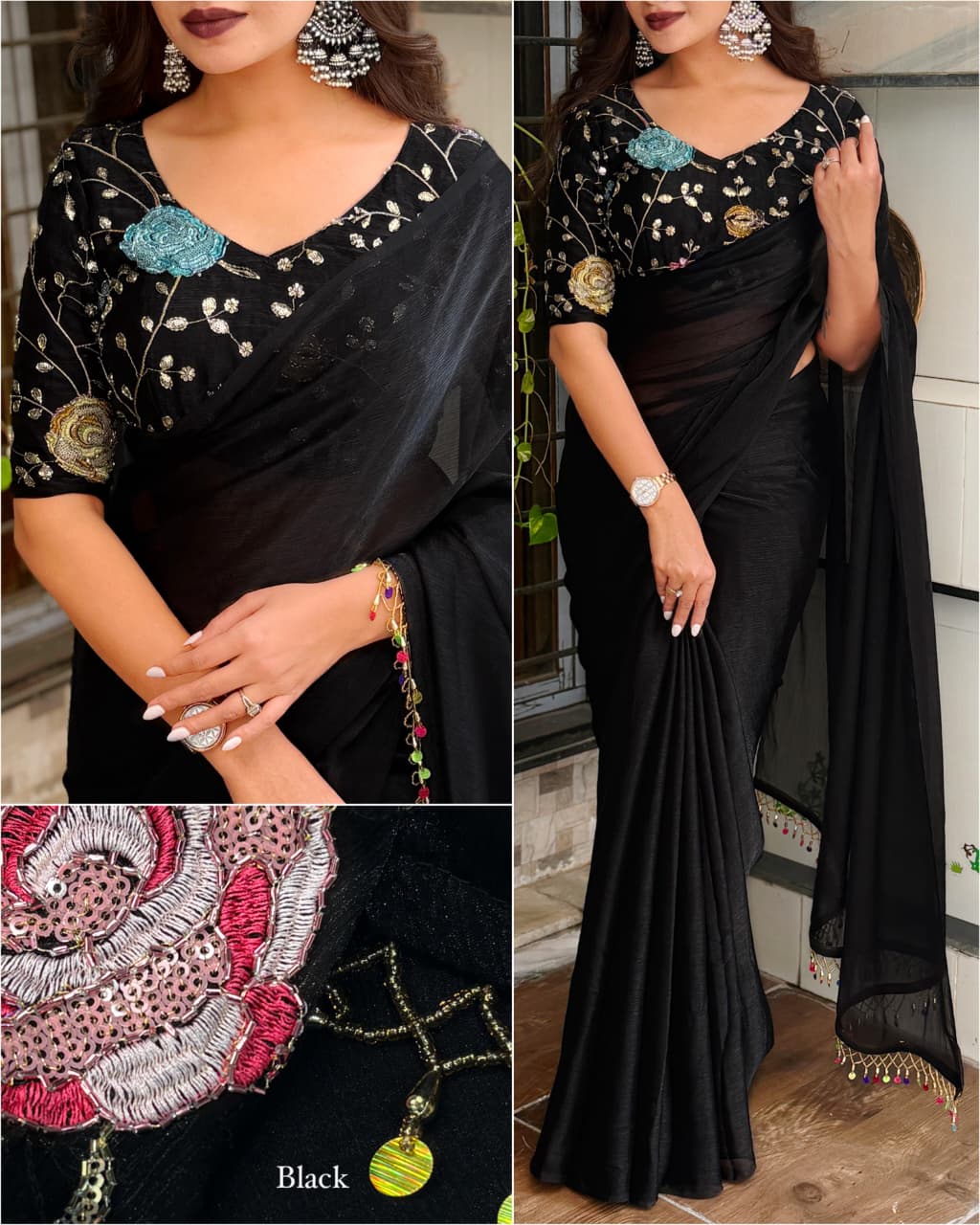 Gen-Z Glam Fandy Chiffon Saree with Sequins & Beads Embroidered Blouse