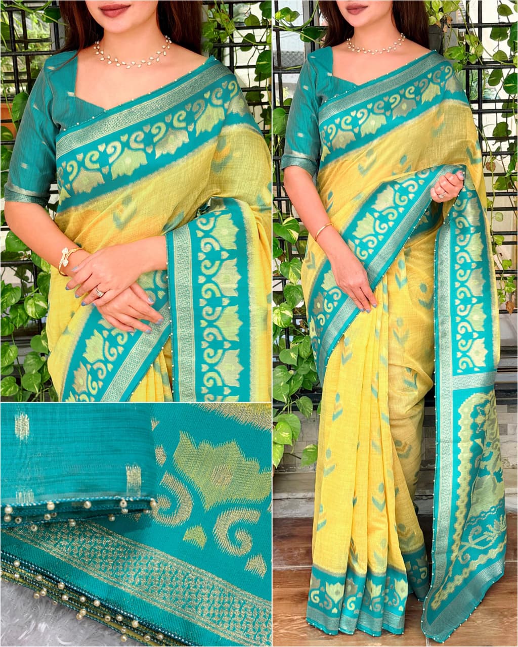 Designer Linen Cotton Saree with Motif Weaving, Zari Border & Pearl Work