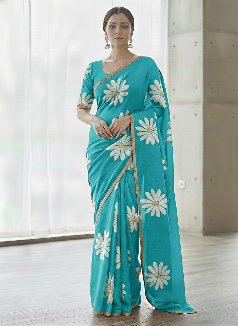 Heavy Linen Blooming Floral Digital Print Saree with Gold Border & Tassels