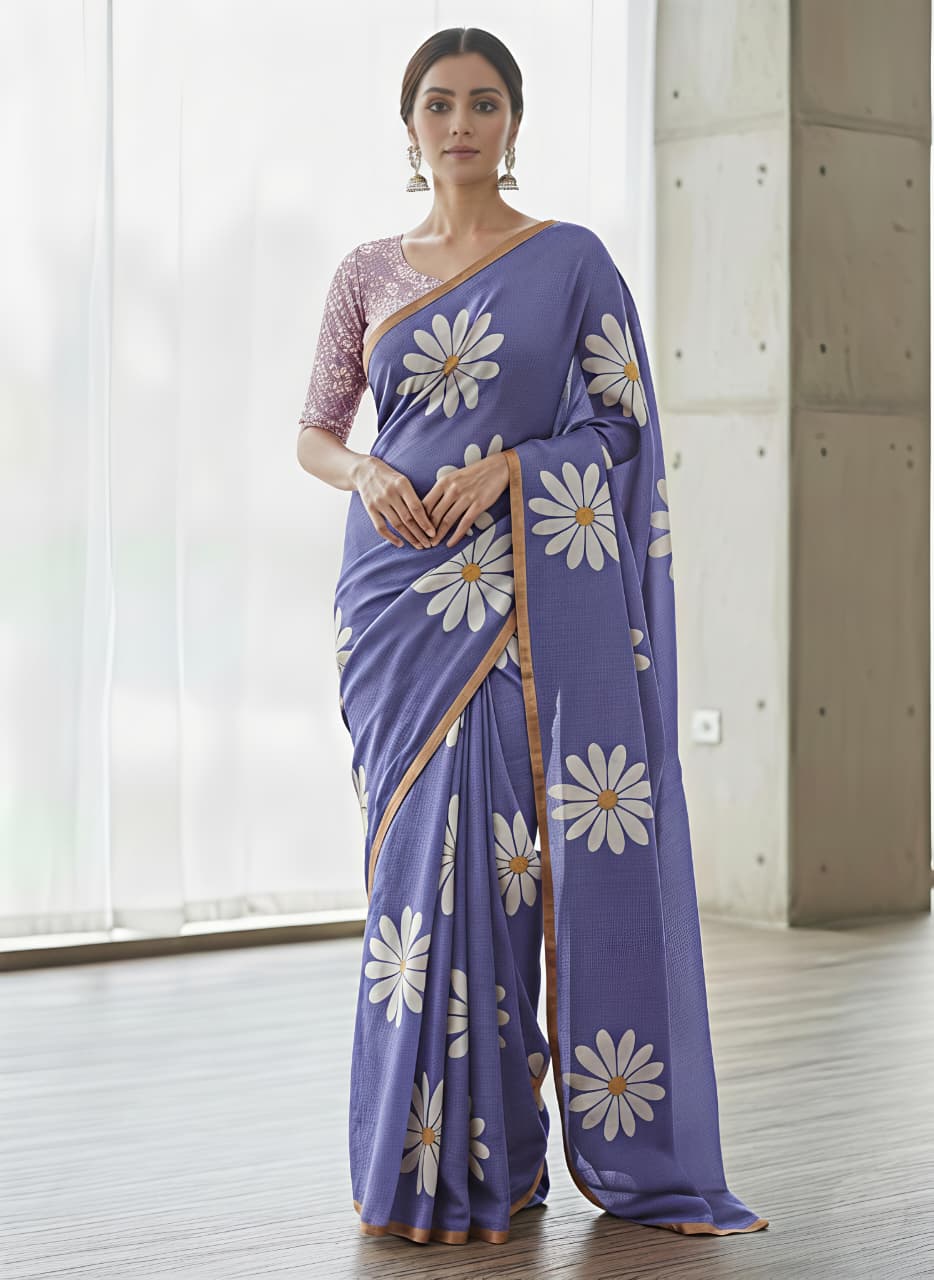 Heavy Linen Blooming Floral Digital Print Saree with Gold Border & Tassels