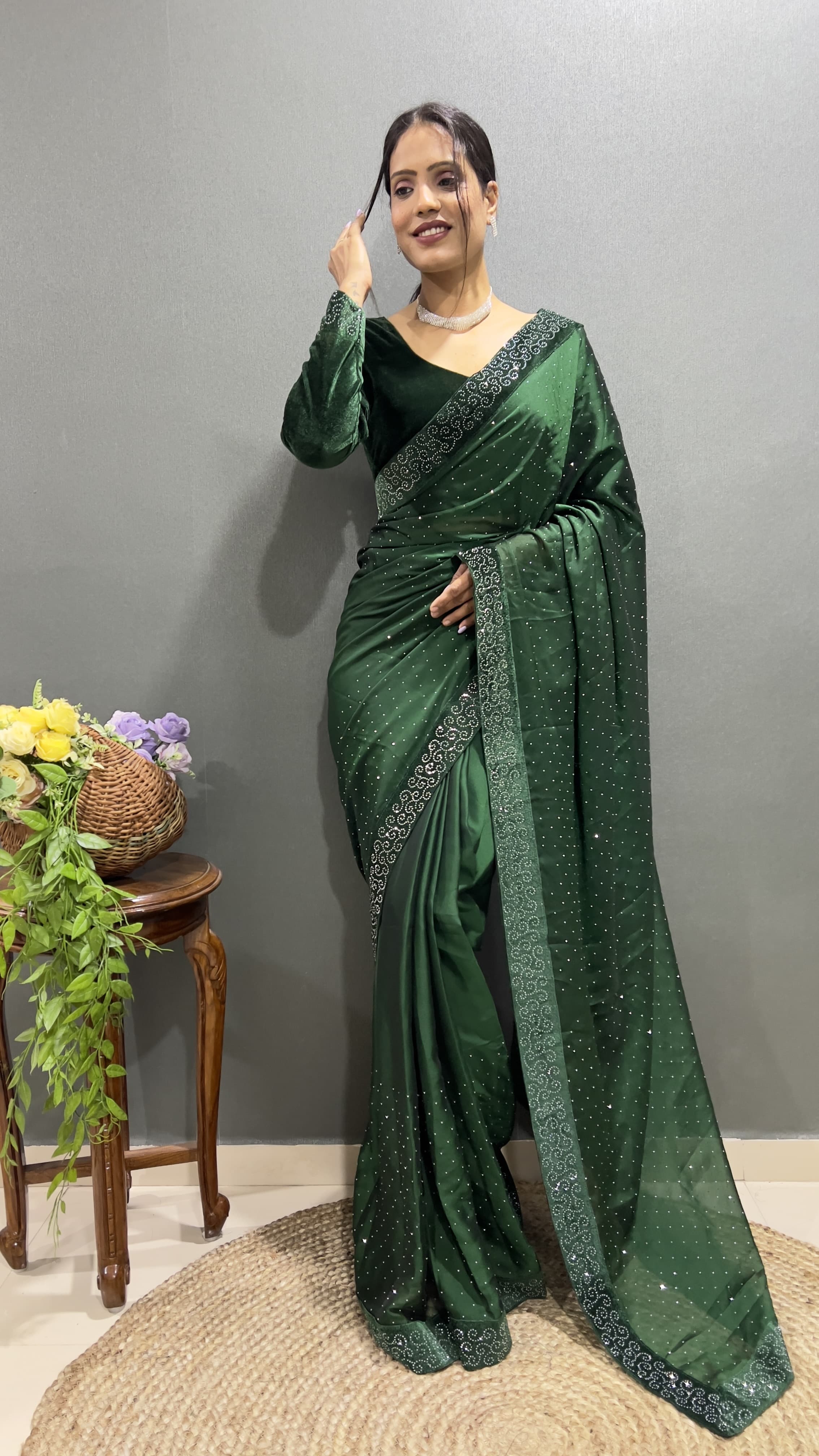 Trending Ready-To-Wear Rangoli Silk Saree with Swarovski & Velvet Lace Work