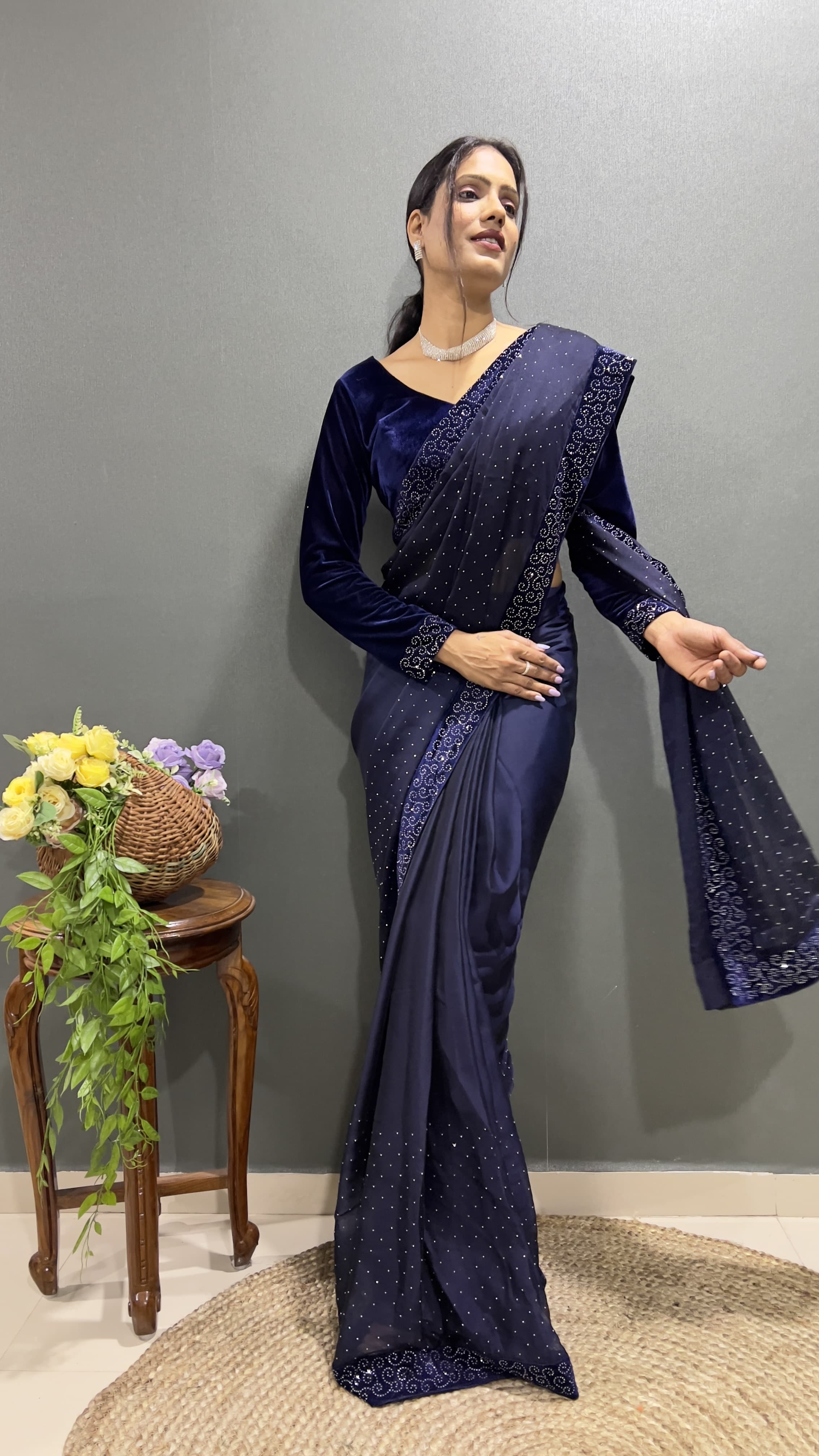 Trending Ready-To-Wear Rangoli Silk Saree with Swarovski & Velvet Lace Work