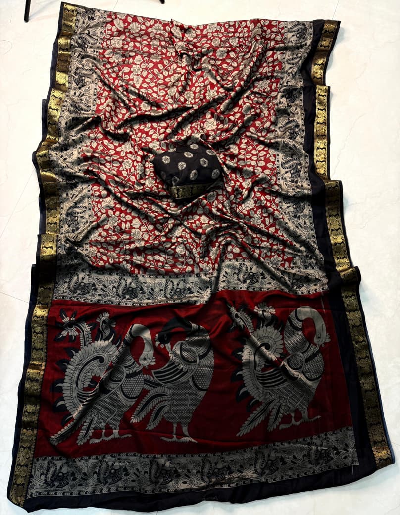 Soft Black Dola Silk Kalamkari Saree