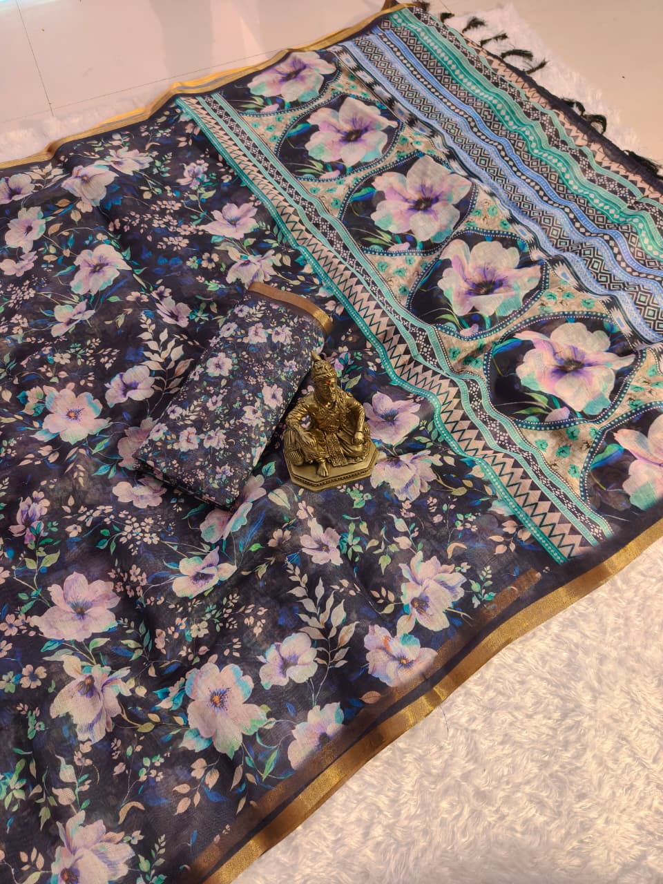 Heavy Linen Blooming Floral Digital Print Saree with Gold Border & Motif Tassels