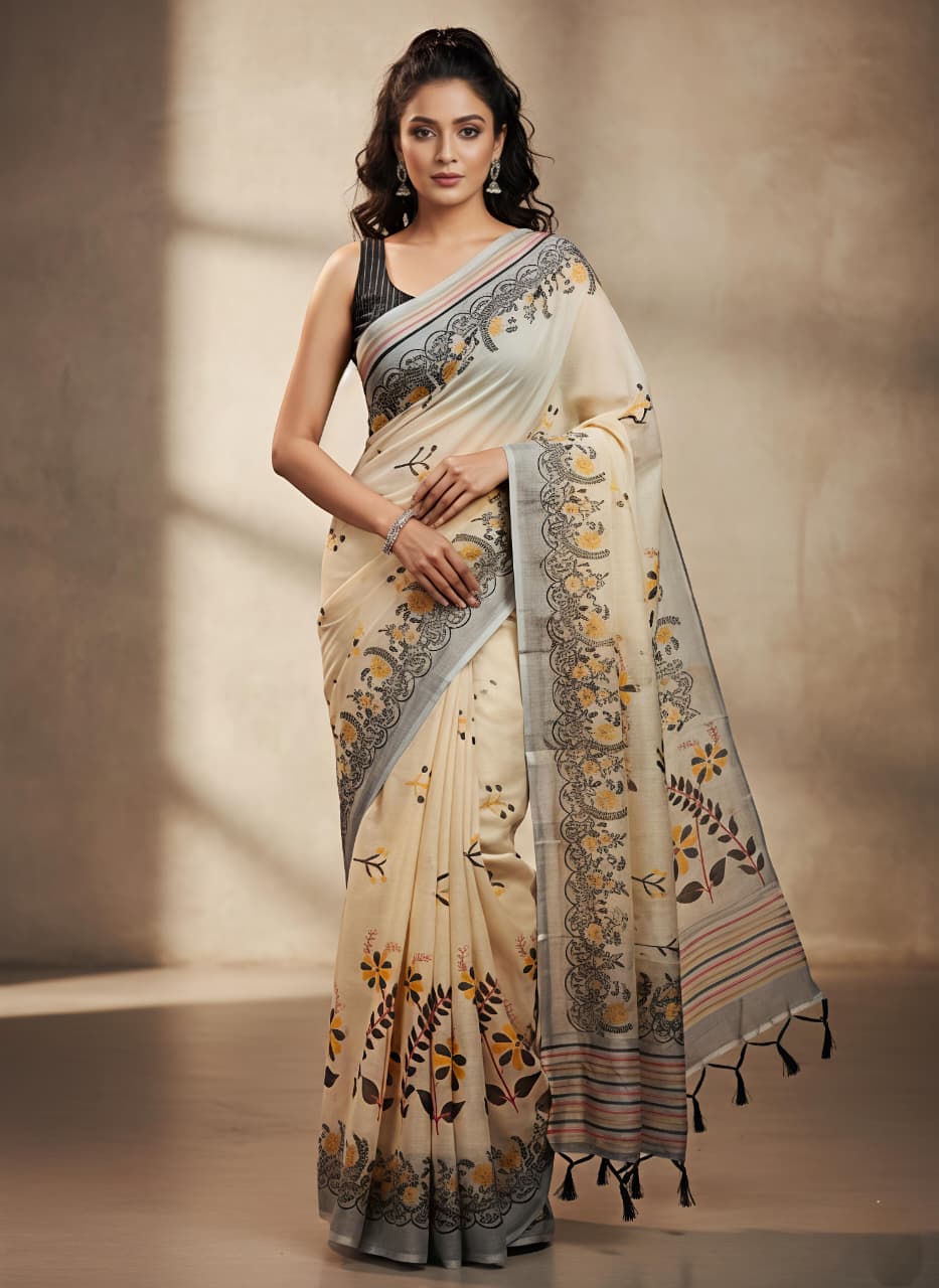 Heavy Linen Blooming Floral Digital Print Saree with Motif Tassels