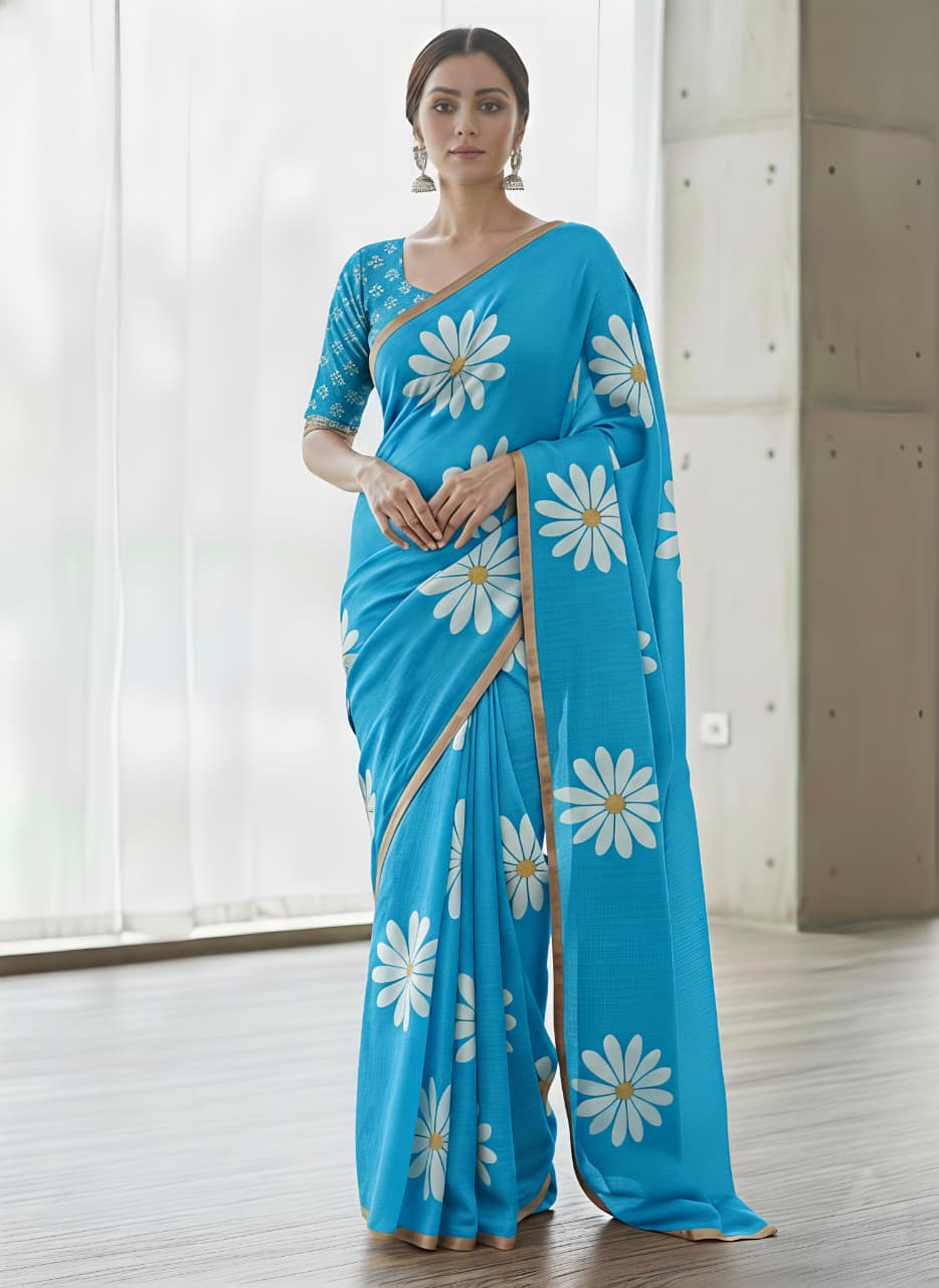 Heavy Linen Blooming Floral Digital Print Saree with Gold Border & Tassels