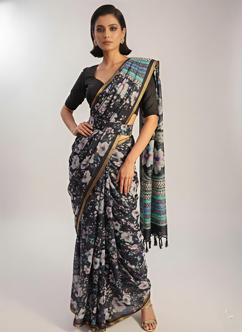 Heavy Linen Blooming Floral Digital Print Saree with Gold Border & Motif Tassels
