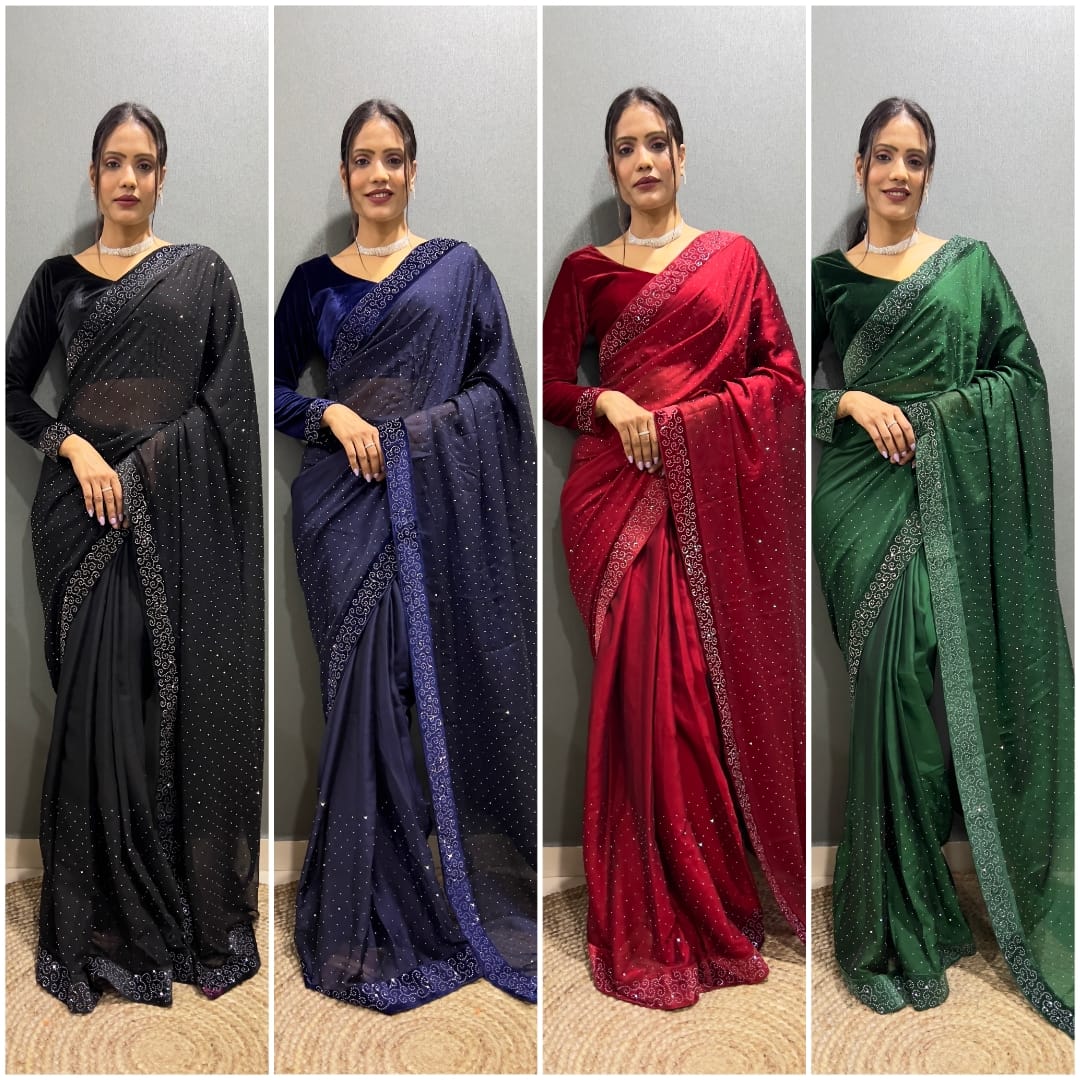 Trending Ready-To-Wear Rangoli Silk Saree with Swarovski & Velvet Lace Work