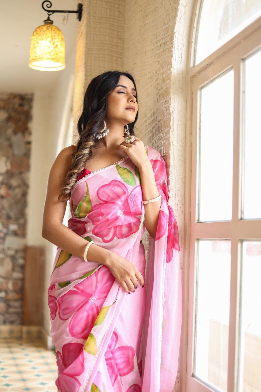Blush Charm Pink Georgette Ready-to-Wear Saree