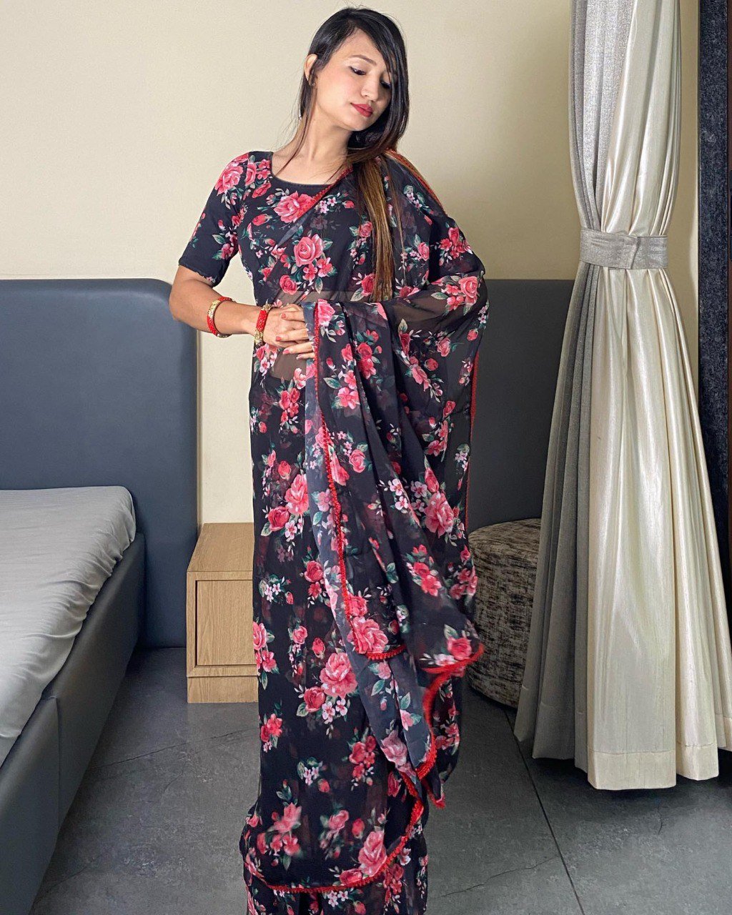 Elegant Black Georgette Printed Saree with Unstitched Silk Blouse