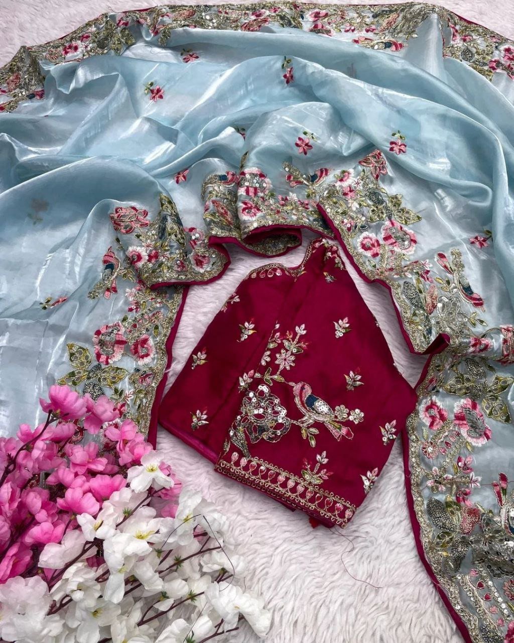 Traditional Soft Jimichu Silk Saree – Elegant Multi-Embroidery Work