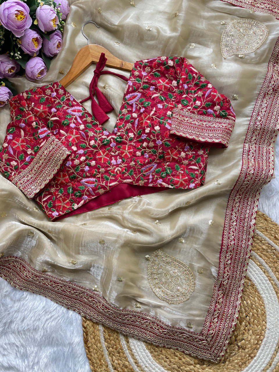 Designer Maroon Jimichu Silk Saree with Heavy Embroidery Work