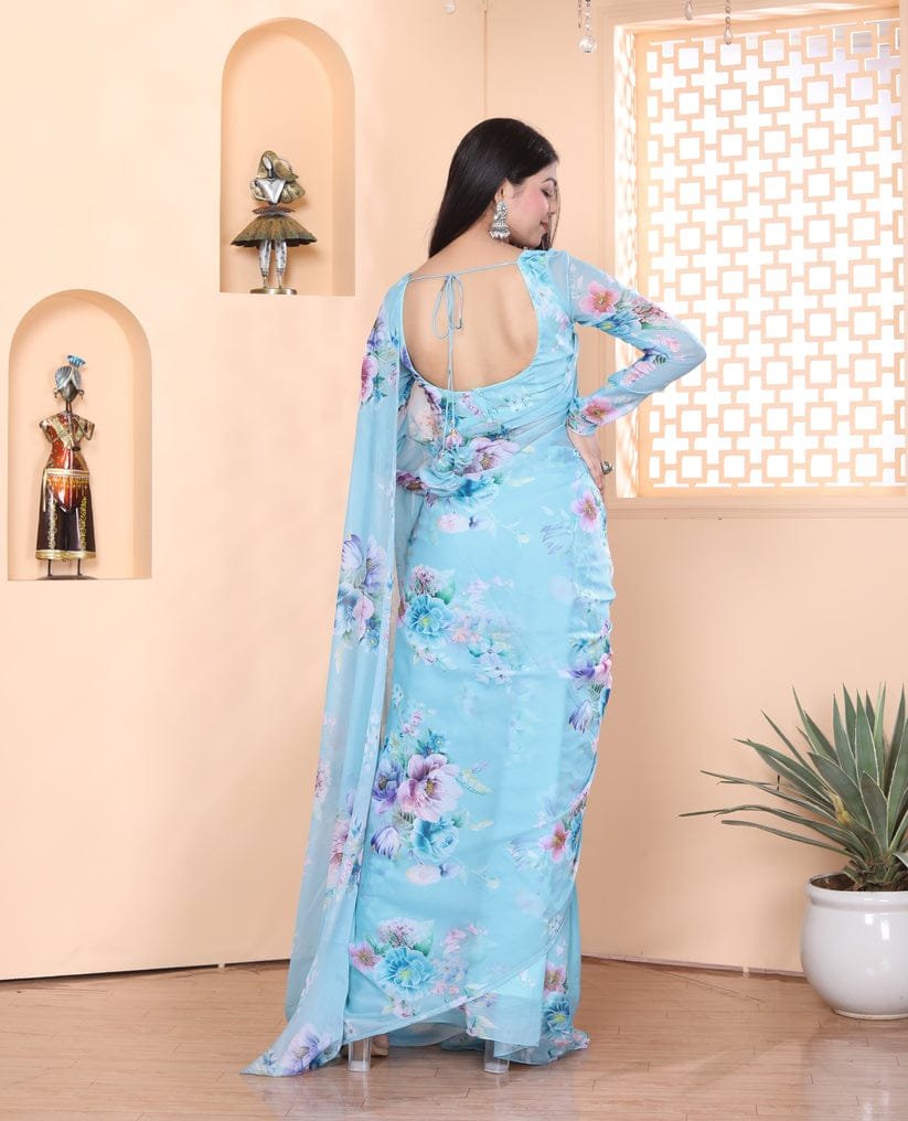 Sky Blue Serenity Georgette Printed Saree
