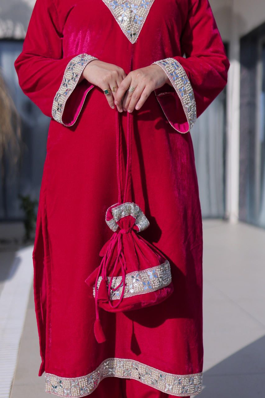 Premium Velvet Kurti Set with Mirror Work & Batwa
