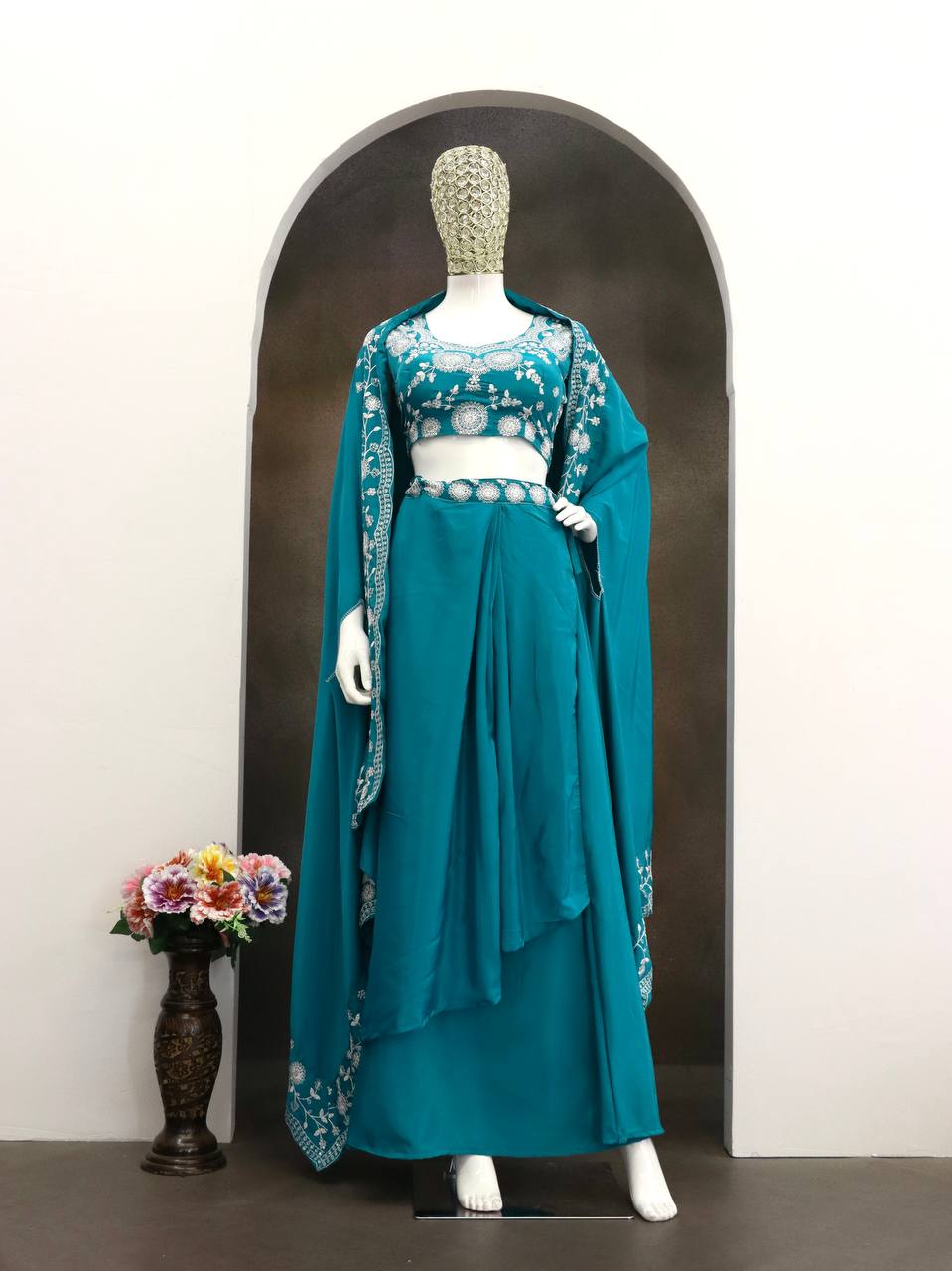 Premium Crepe Silk Dhoti Set with Shrug & Choli