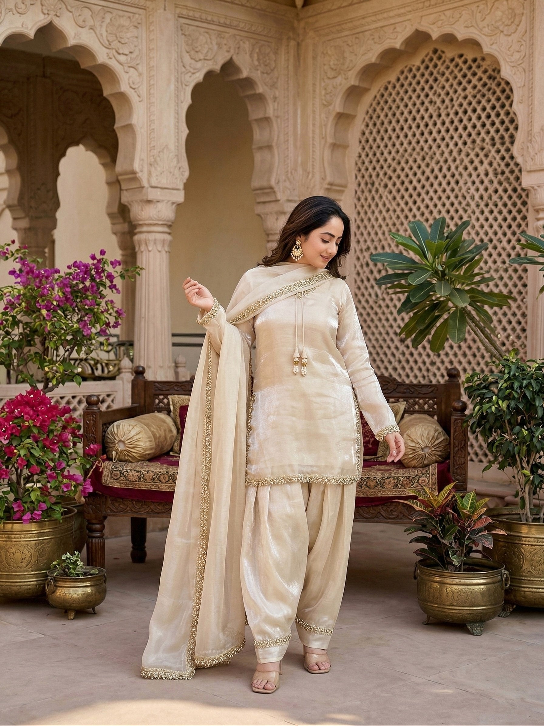 Designer Fendi Satin Mirror & Moti Work Plazo Set with Dupatta