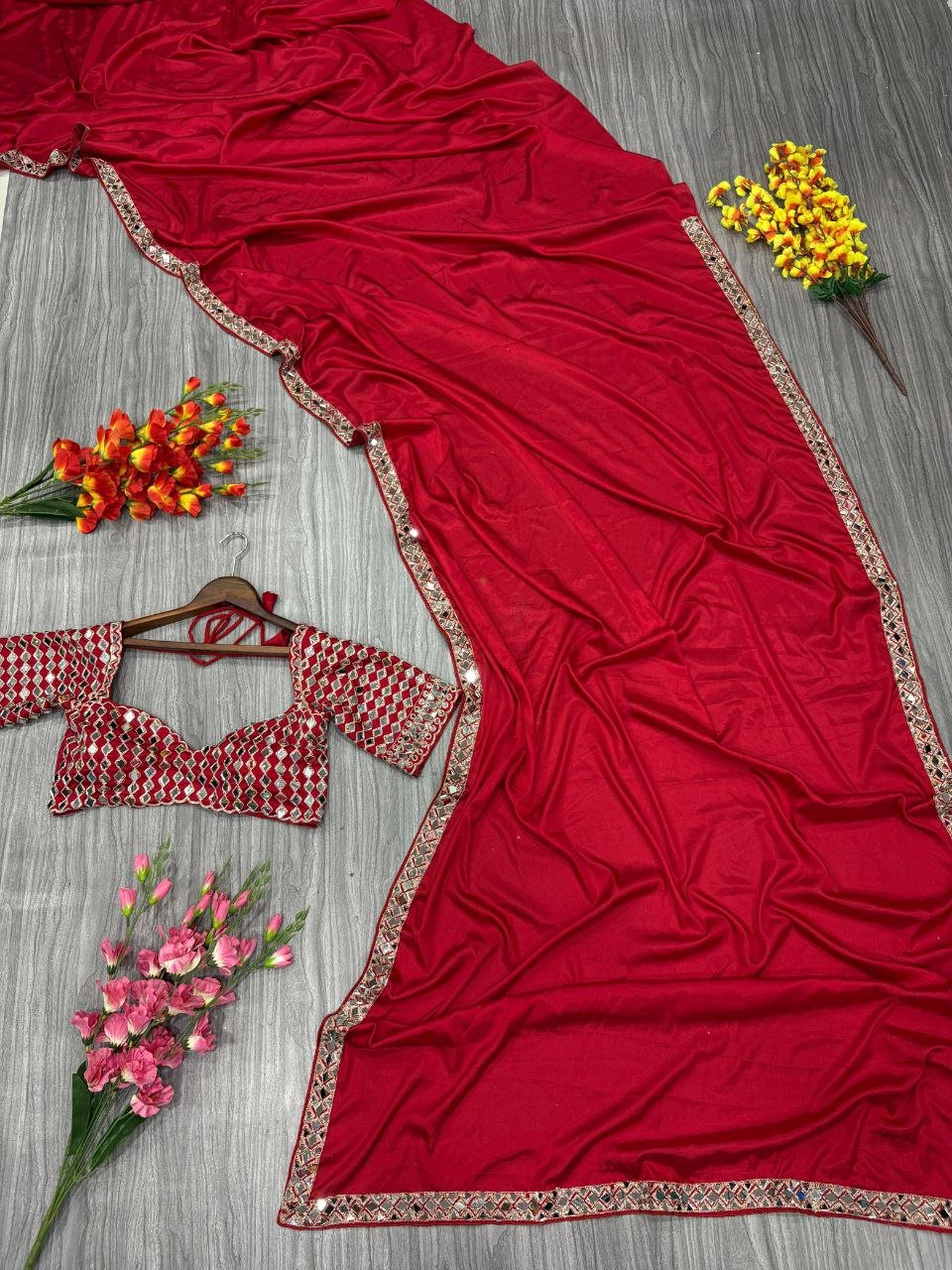 Premium French Crape Silk Saree with Heavy Real Mirror Work & Designer Blouse
