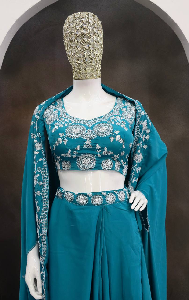 Premium Crepe Silk Dhoti Set with Shrug & Choli