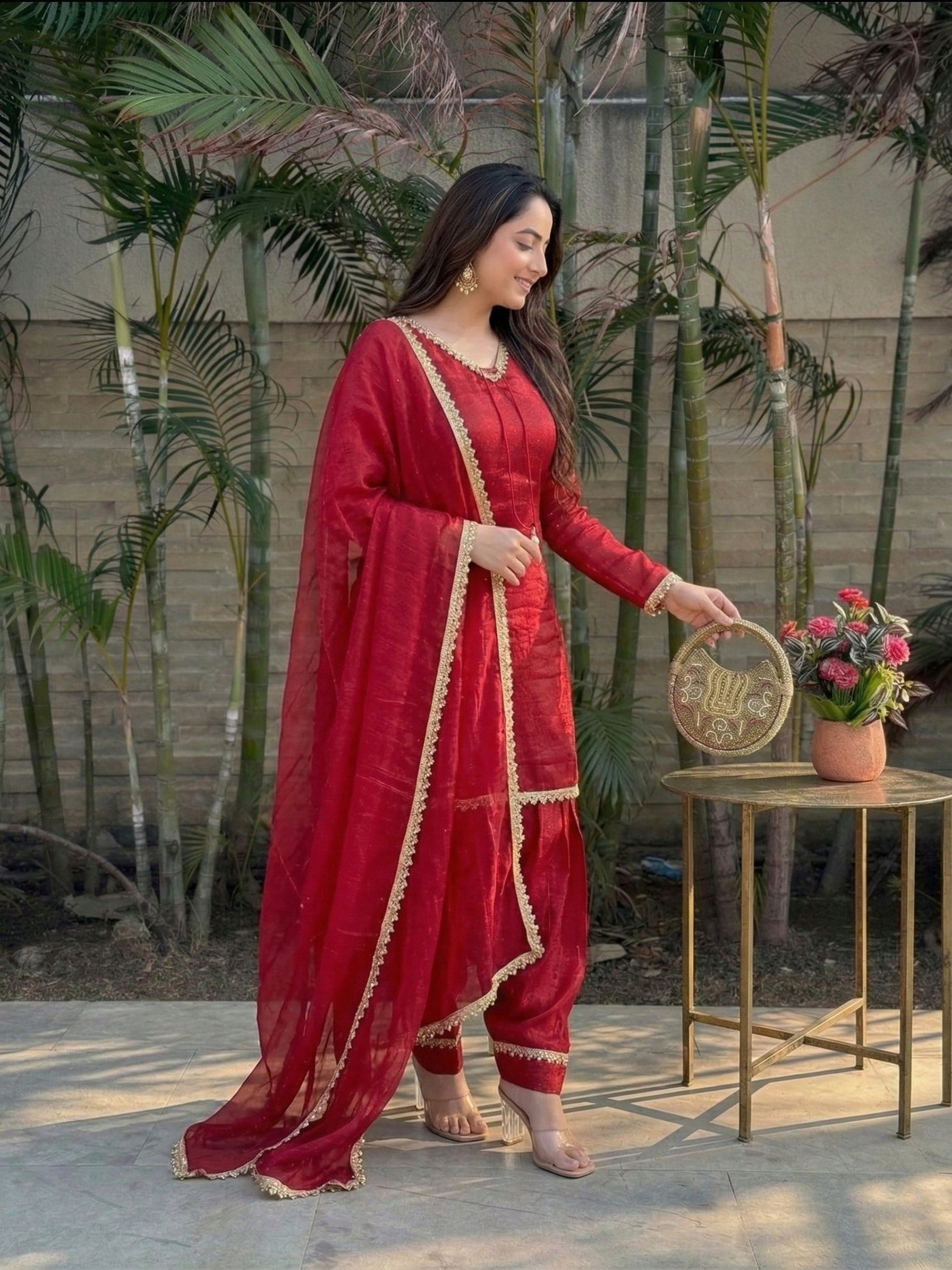 Designer Fendi Satin Mirror & Moti Work Plazo Set with Dupatta