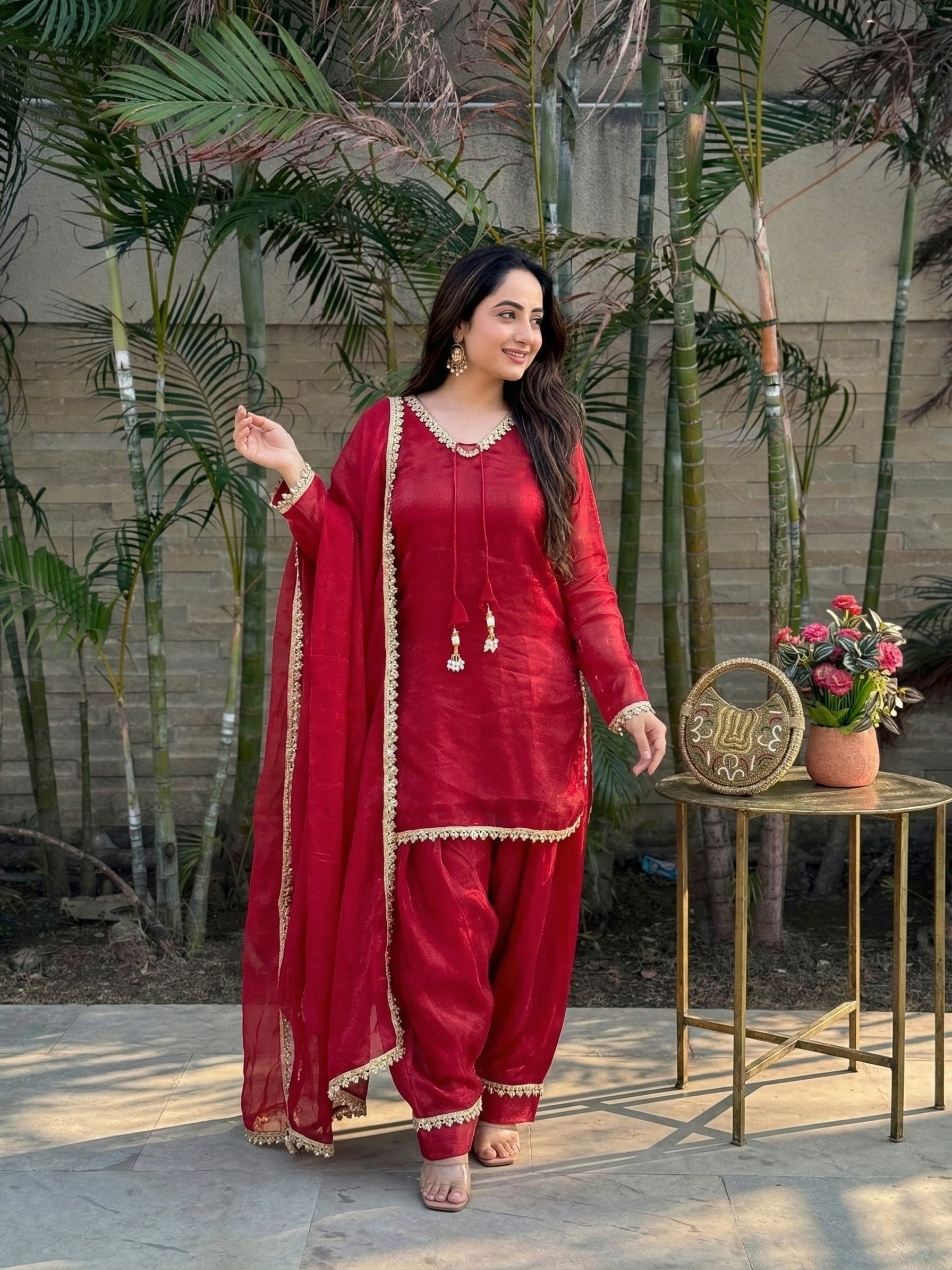 Designer Fendi Satin Mirror & Moti Work Plazo Set with Dupatta