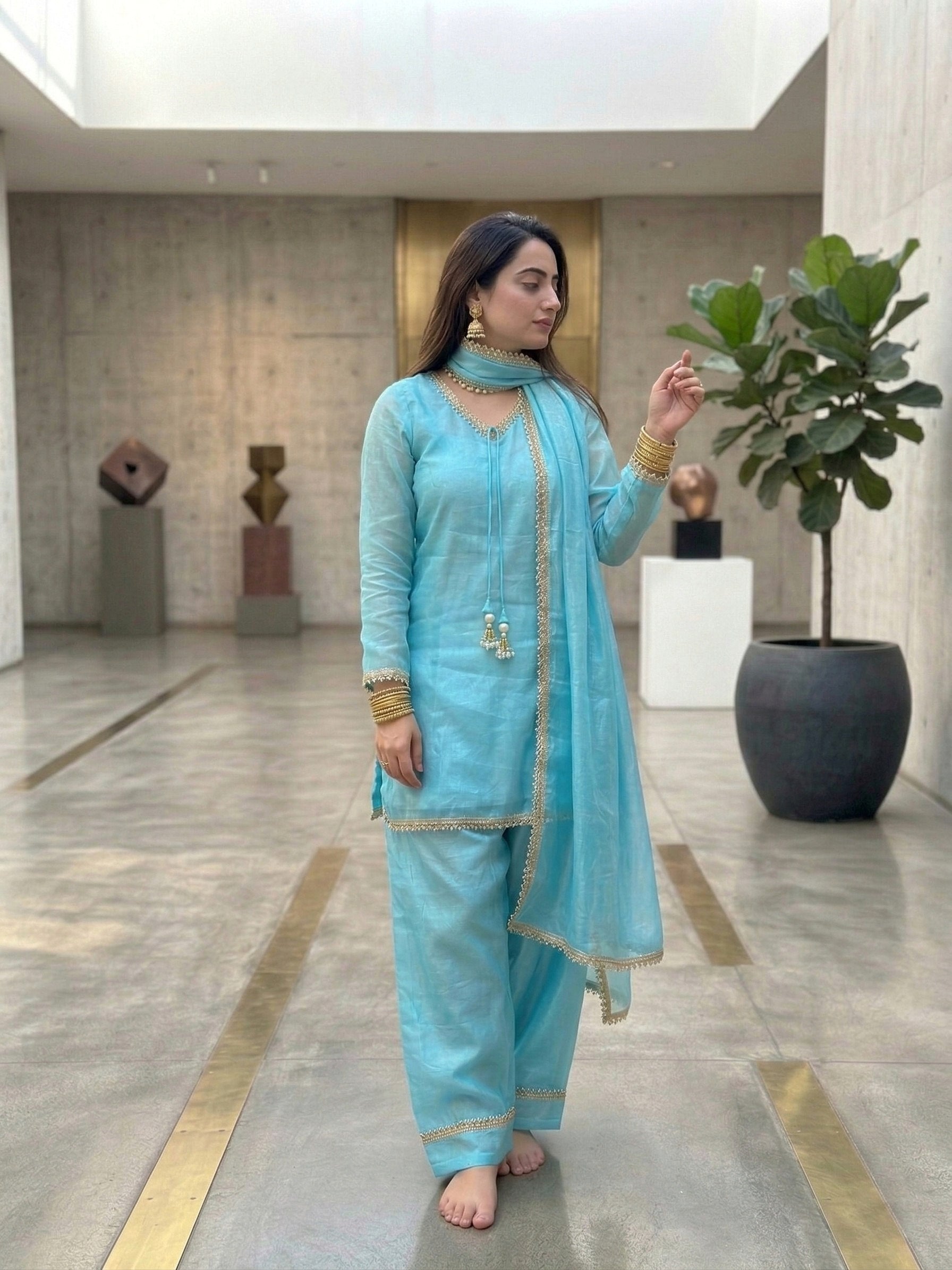 Designer Fendi Satin Mirror & Moti Work Plazo Set with Dupatta