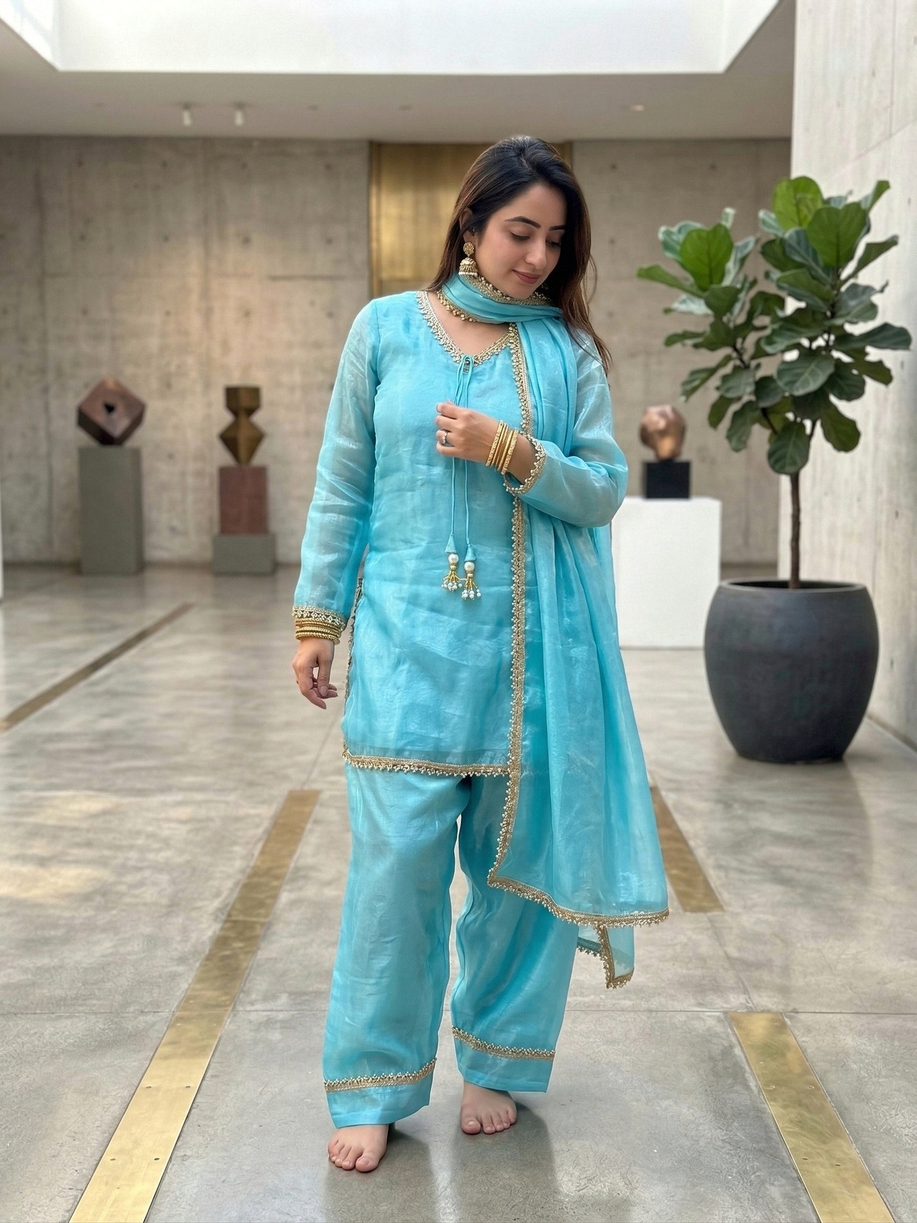 Designer Fendi Satin Mirror & Moti Work Plazo Set with Dupatta
