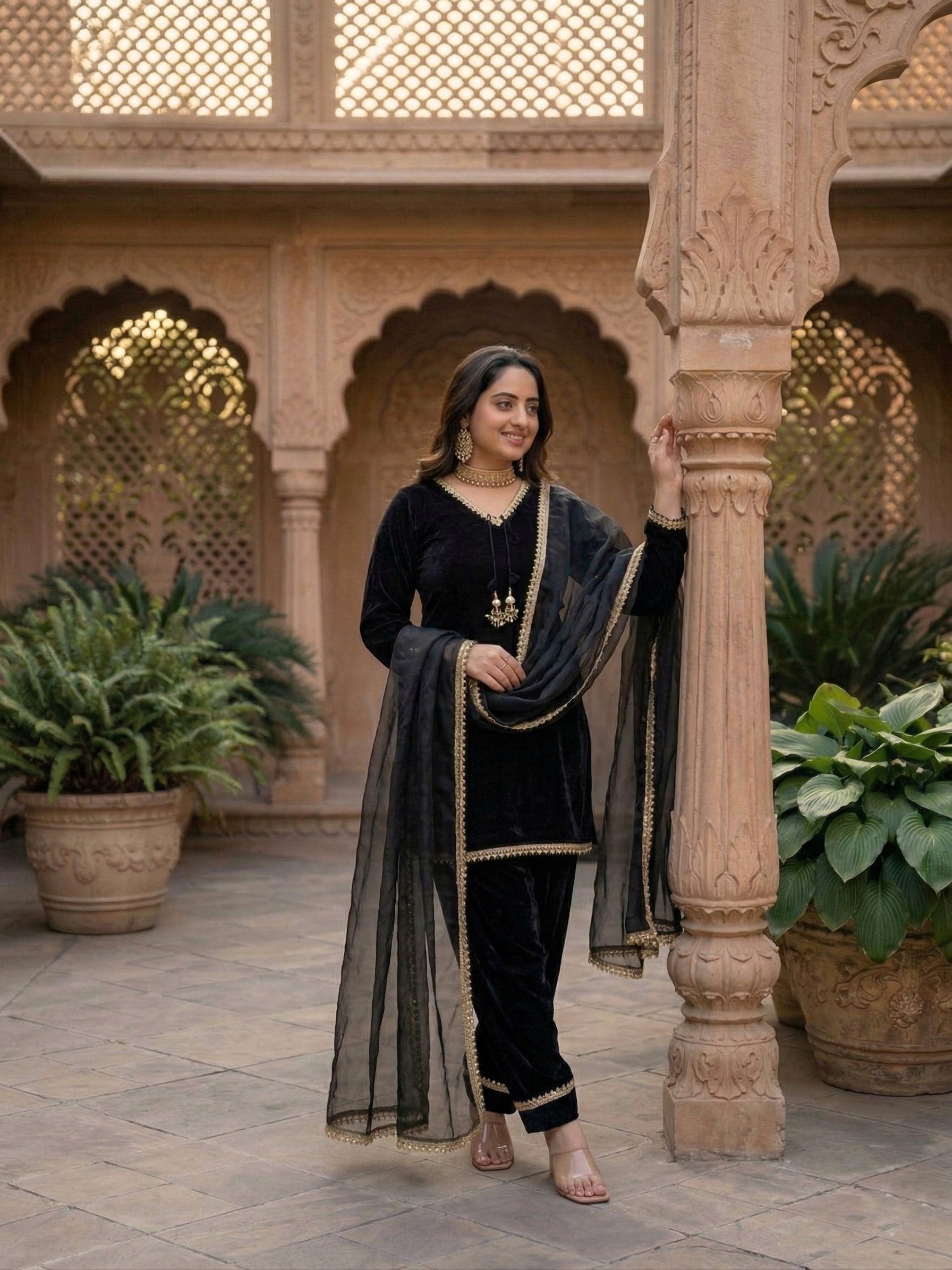 Designer Fendi Satin Mirror & Moti Work Plazo Set with Dupatta