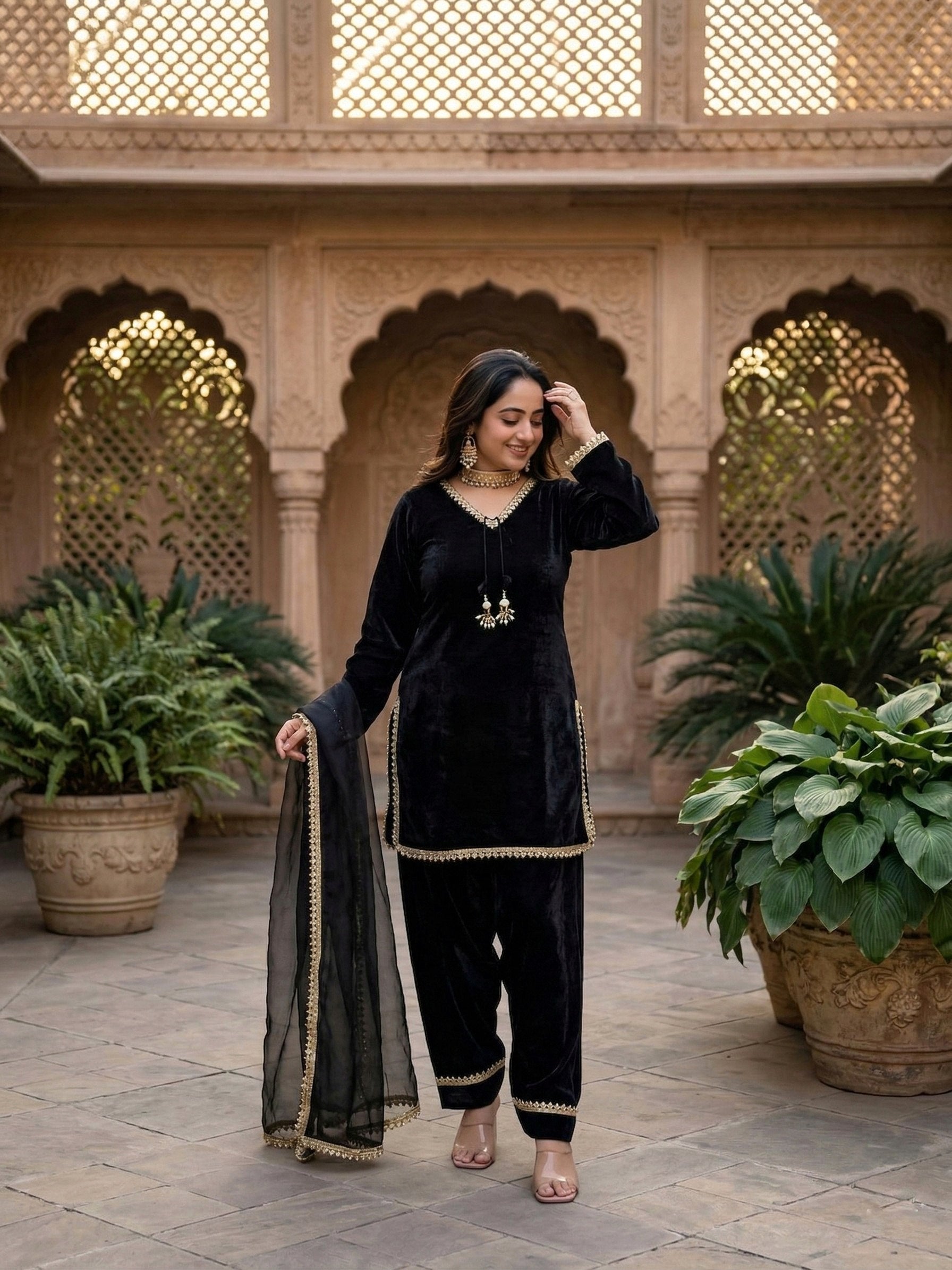 Designer Fendi Satin Mirror & Moti Work Plazo Set with Dupatta