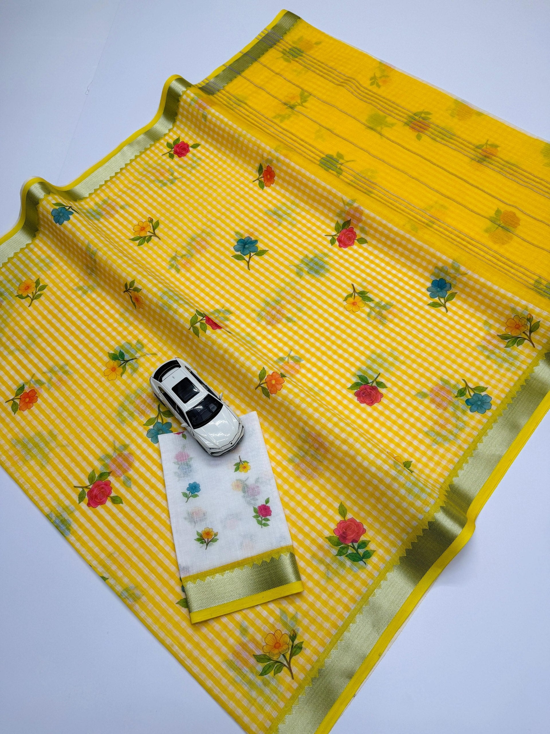 Soft Linen Saree with Mangalagiri Border & Digital Print