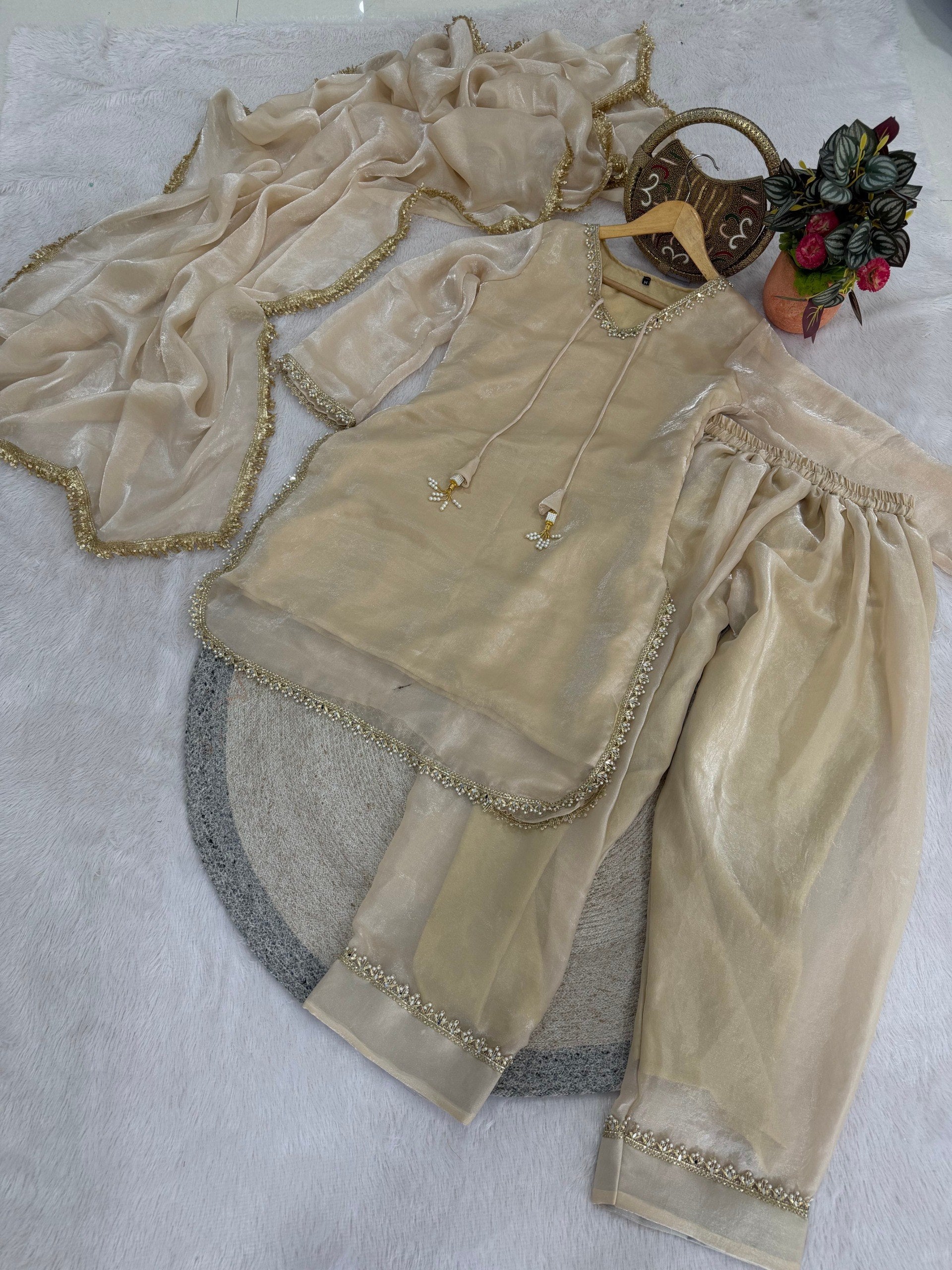 Designer Fendi Satin Mirror & Moti Work Plazo Set with Dupatta