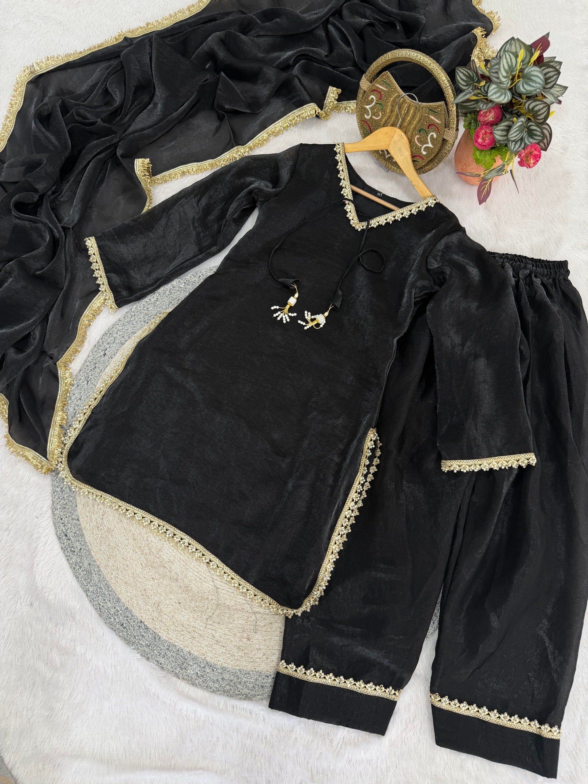 Designer Fendi Satin Mirror & Moti Work Plazo Set with Dupatta