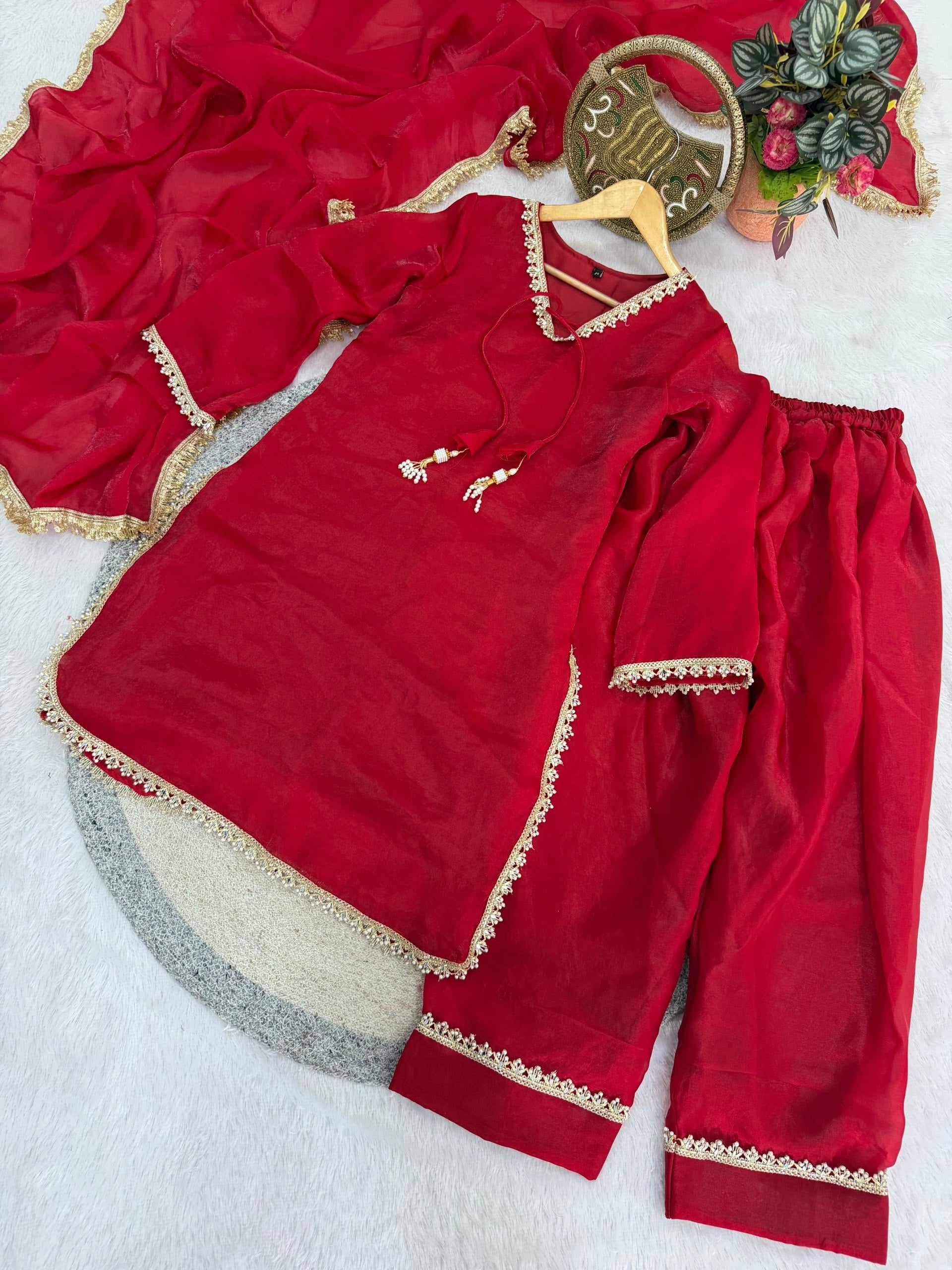 Designer Fendi Satin Mirror & Moti Work Plazo Set with Dupatta