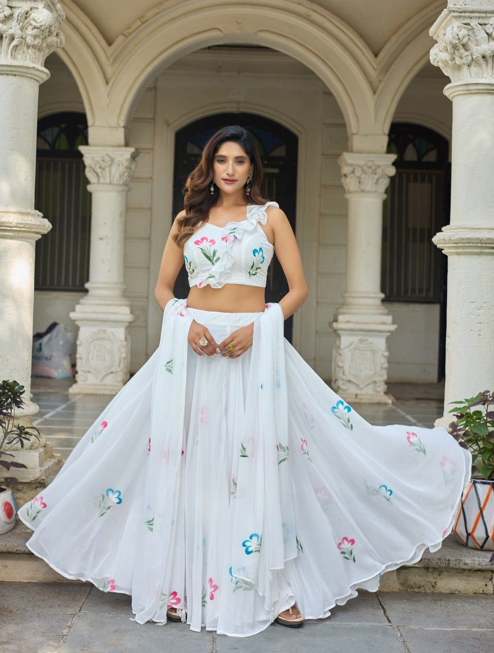 Hand-Painted Soft Georgette Lehenga Set with Designer Blouse & Dupatta