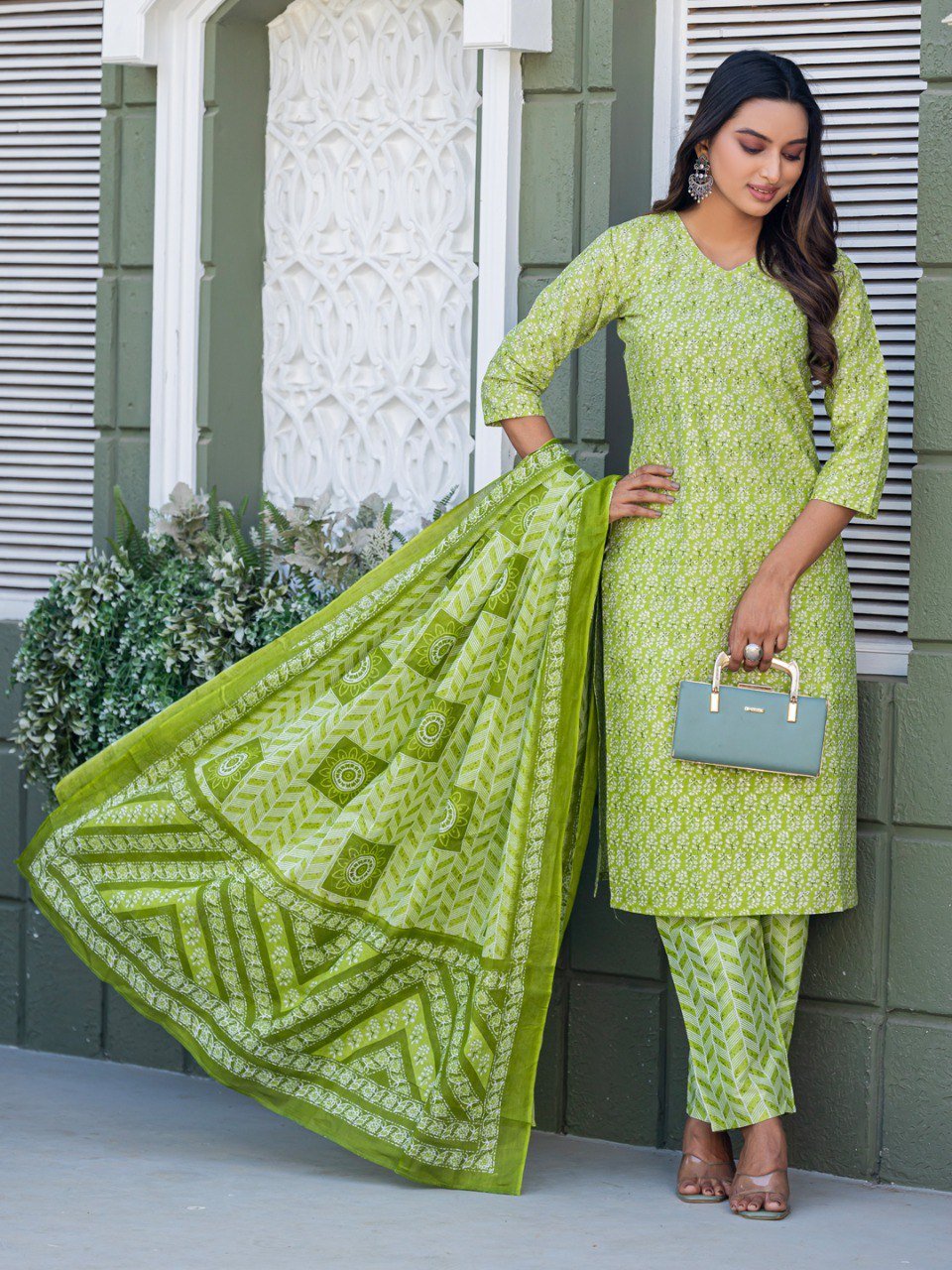 Fully Stitched Parrot Cotton Kurti Pant Dupatta Set