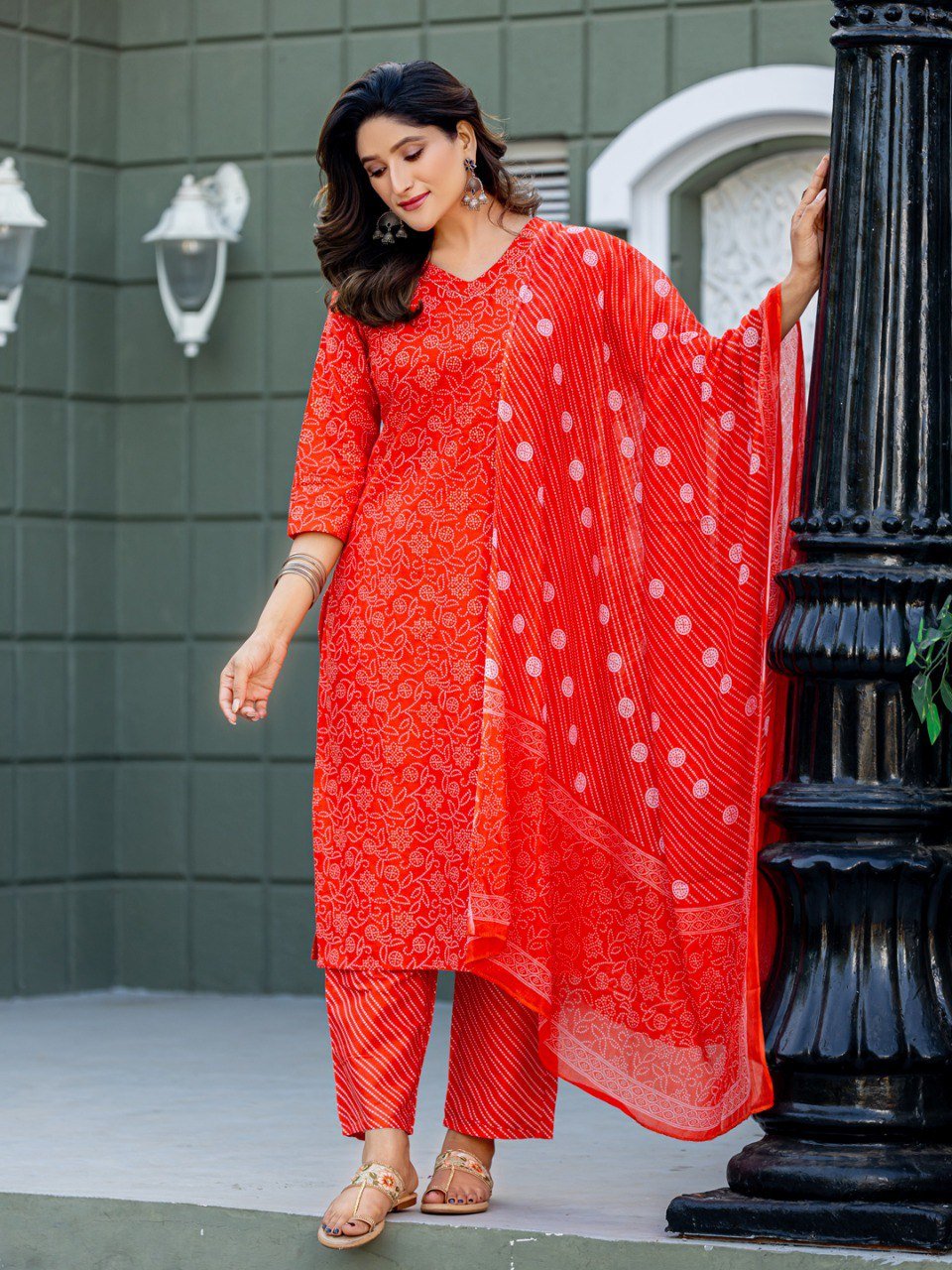Fully Stitched Cotton Orange Kurti Pant Dupatta Set