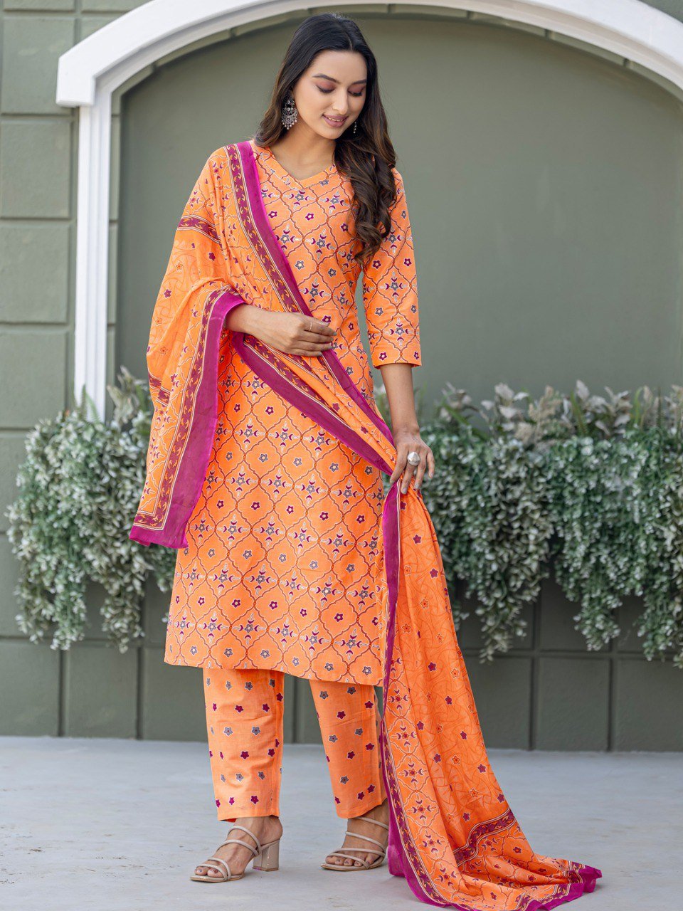 Fully Stitched Cotton Kurti Pant Dupatta Set in a charming Coral shade
