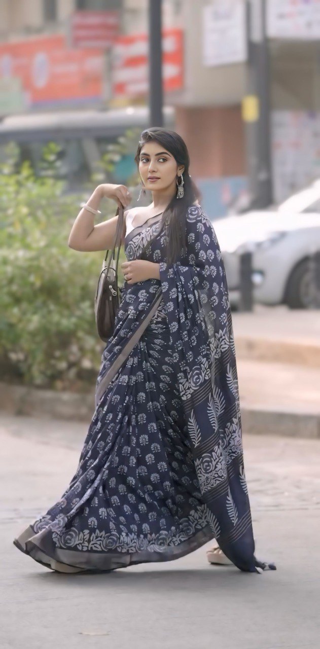 Ready-to-Wear Navy Blue Cotton Saree