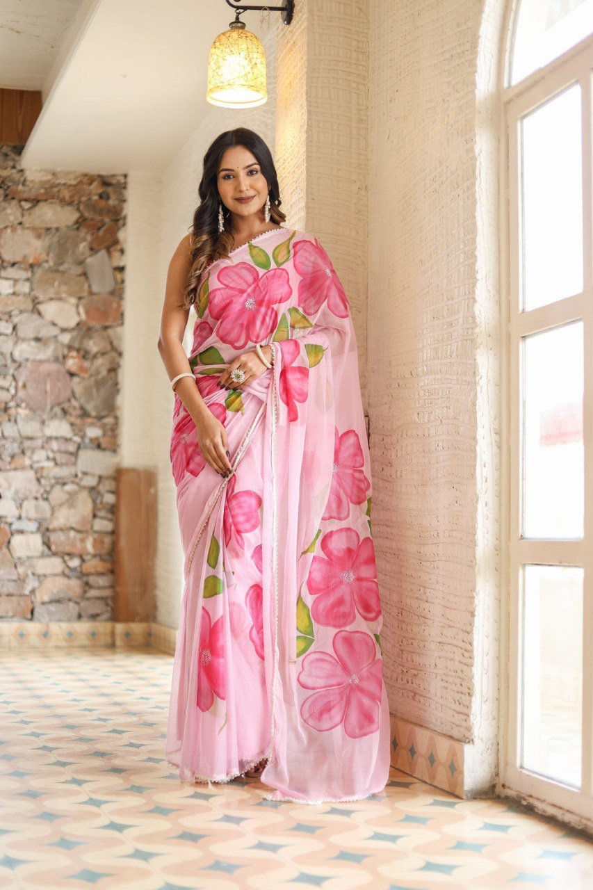 Blush Charm Pink Georgette Ready-to-Wear Saree