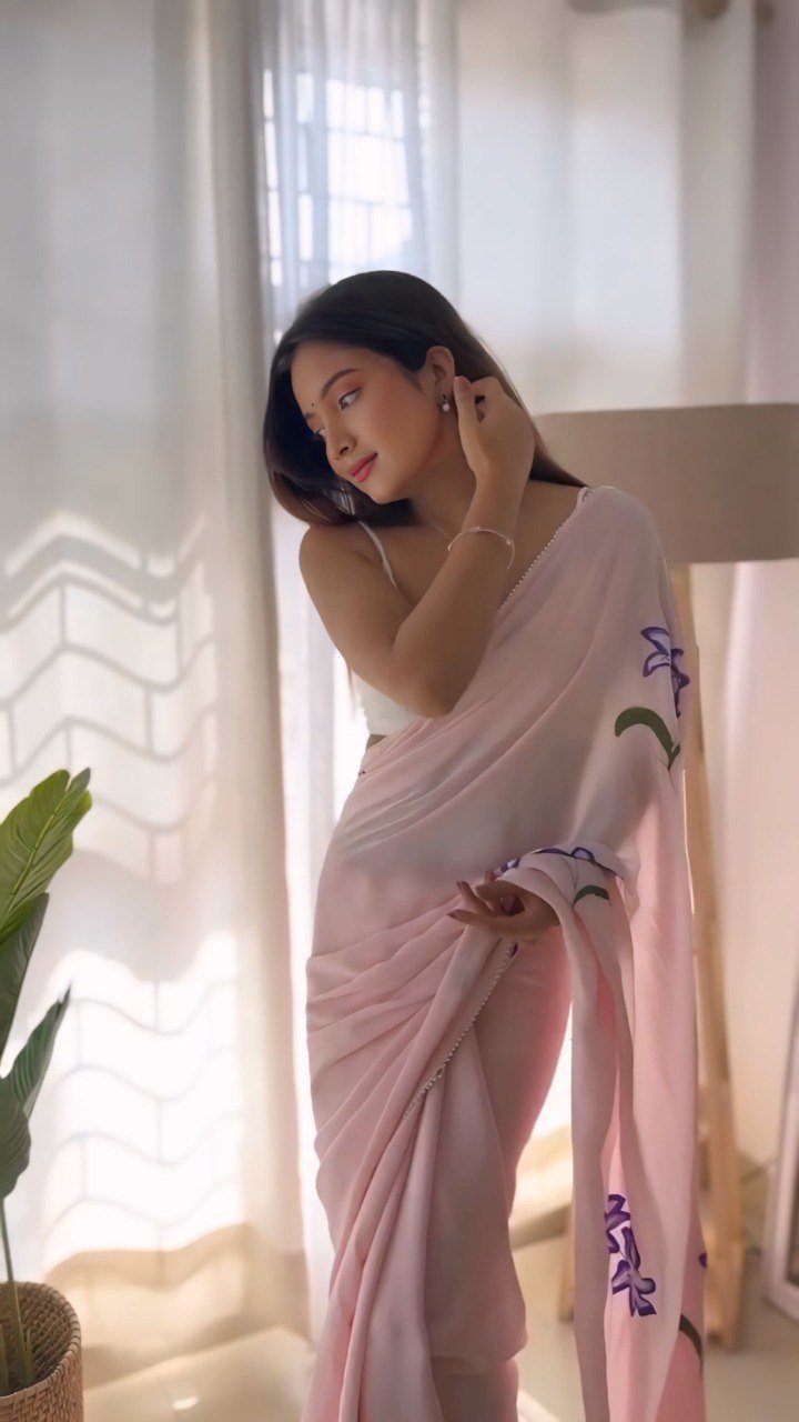 Pink Printed Georgette Ready-to-Wear Saree Set