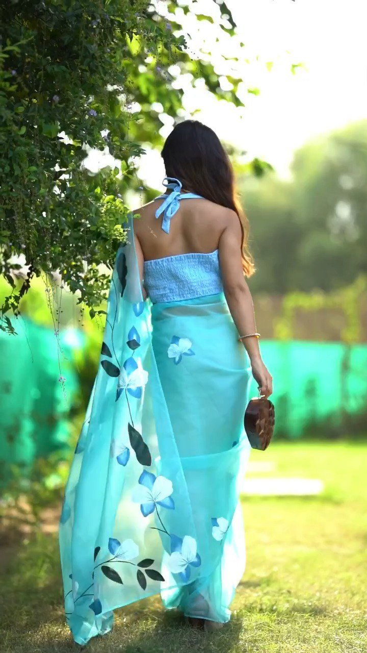 Sky Blue Organza Silk Printed Ready-to-Wear Saree with Unstitched Blouse