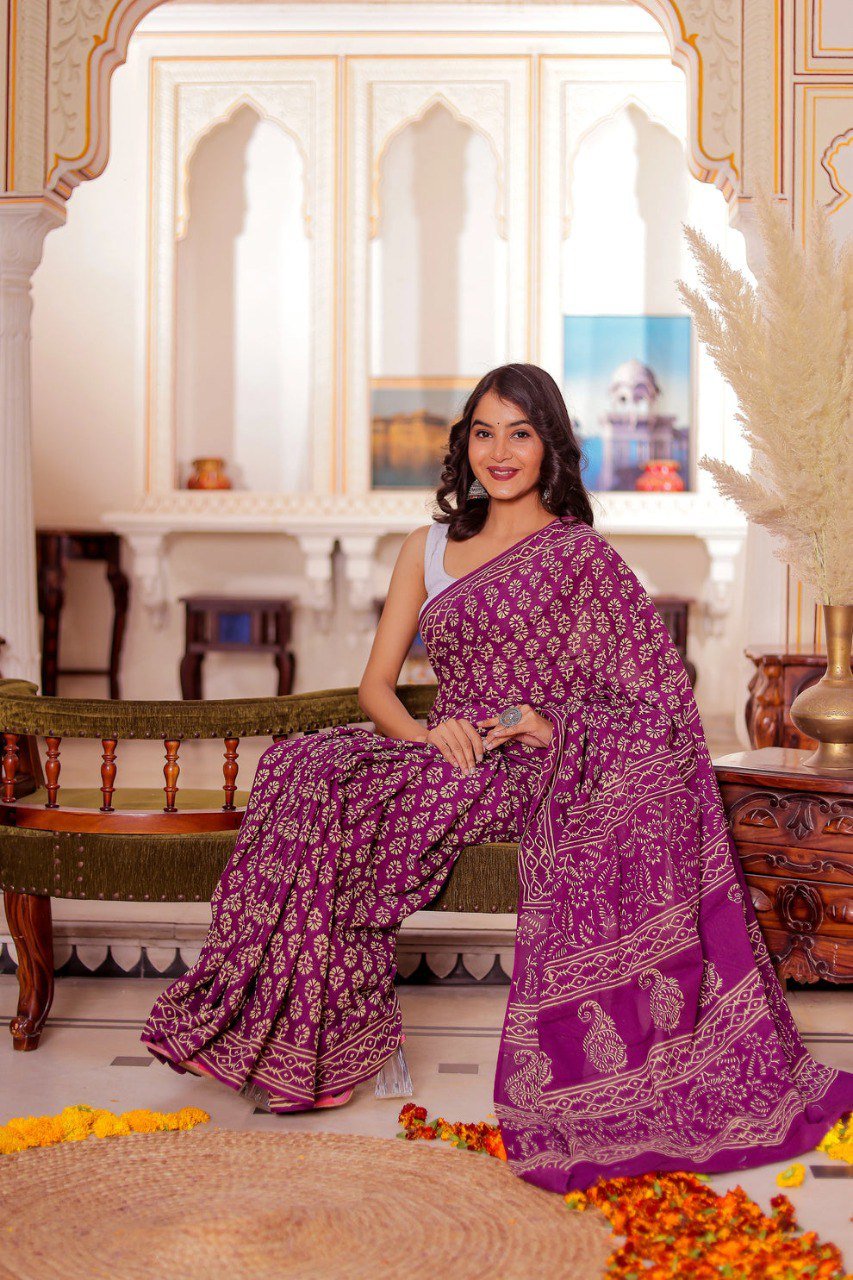 Purple Printed Cotton Ready-to-Wear Saree with White Unstitched Blouse