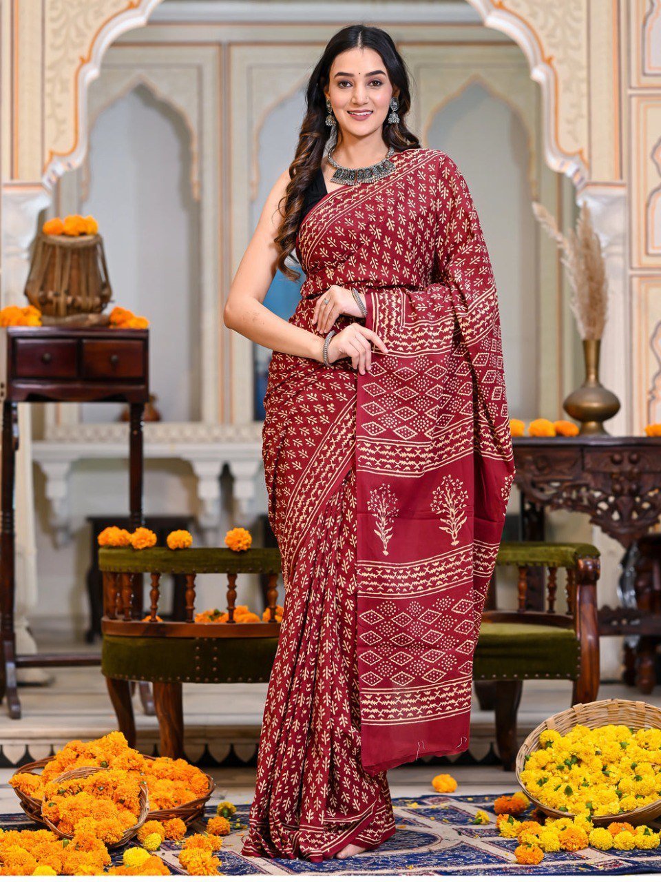 Scarlet Charm Cotton Printed Ready-to-Wear Saree